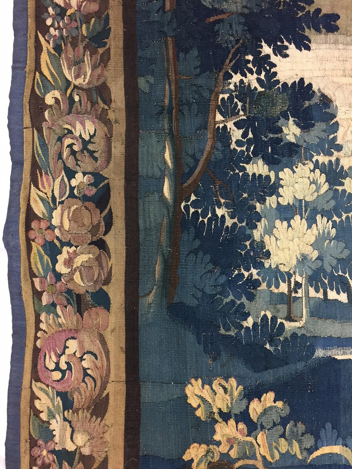 18th Century and Earlier Antique 18th Century Flemish Verdure Landscape Tapestry with Lush Forest Setting