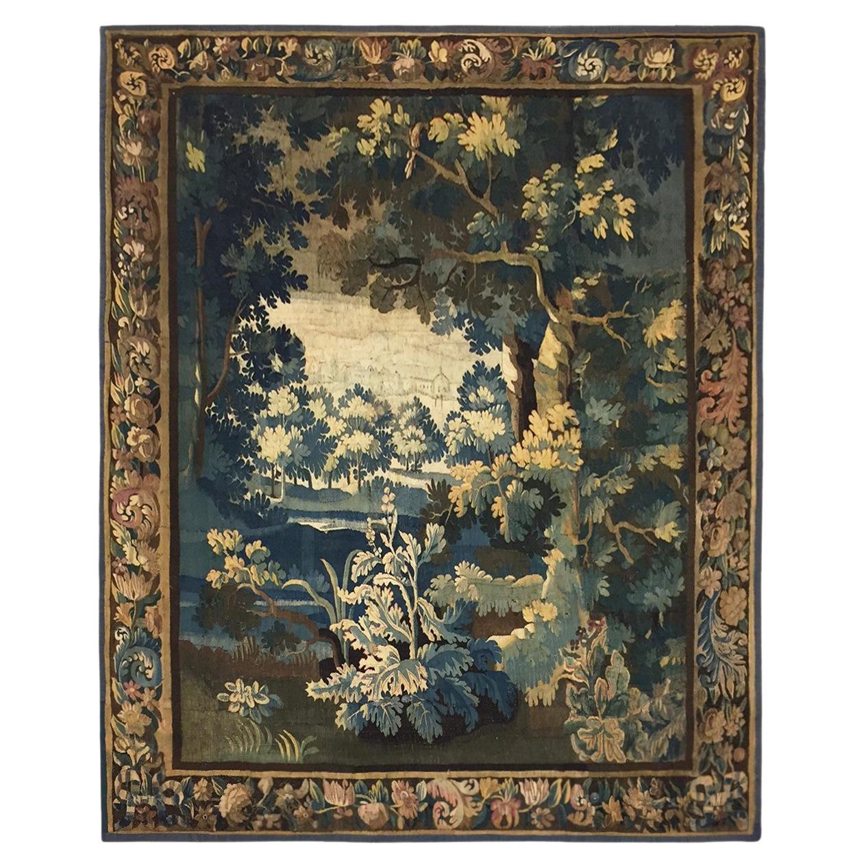 Antique 18th Century Flemish Verdure Landscape Tapestry with Lush Forest Setting