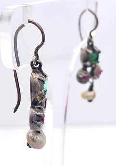 Antique 18th Century Flower Dangle Earrings Ruby Emerald  Baroque Pearl Silver