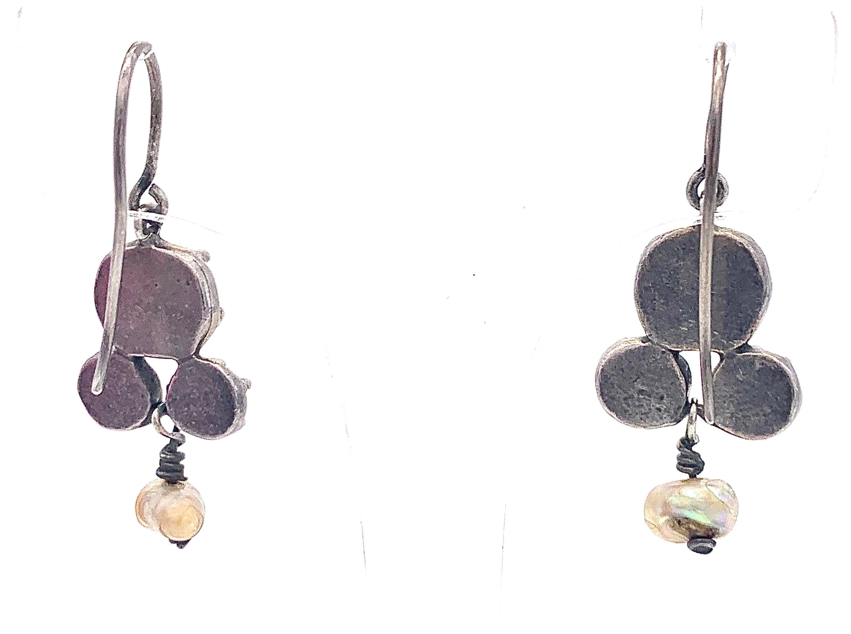 Mixed Cut Antique 18th Century Flower Dangle Earrings Ruby Emerald  Baroque Pearl Silver For Sale