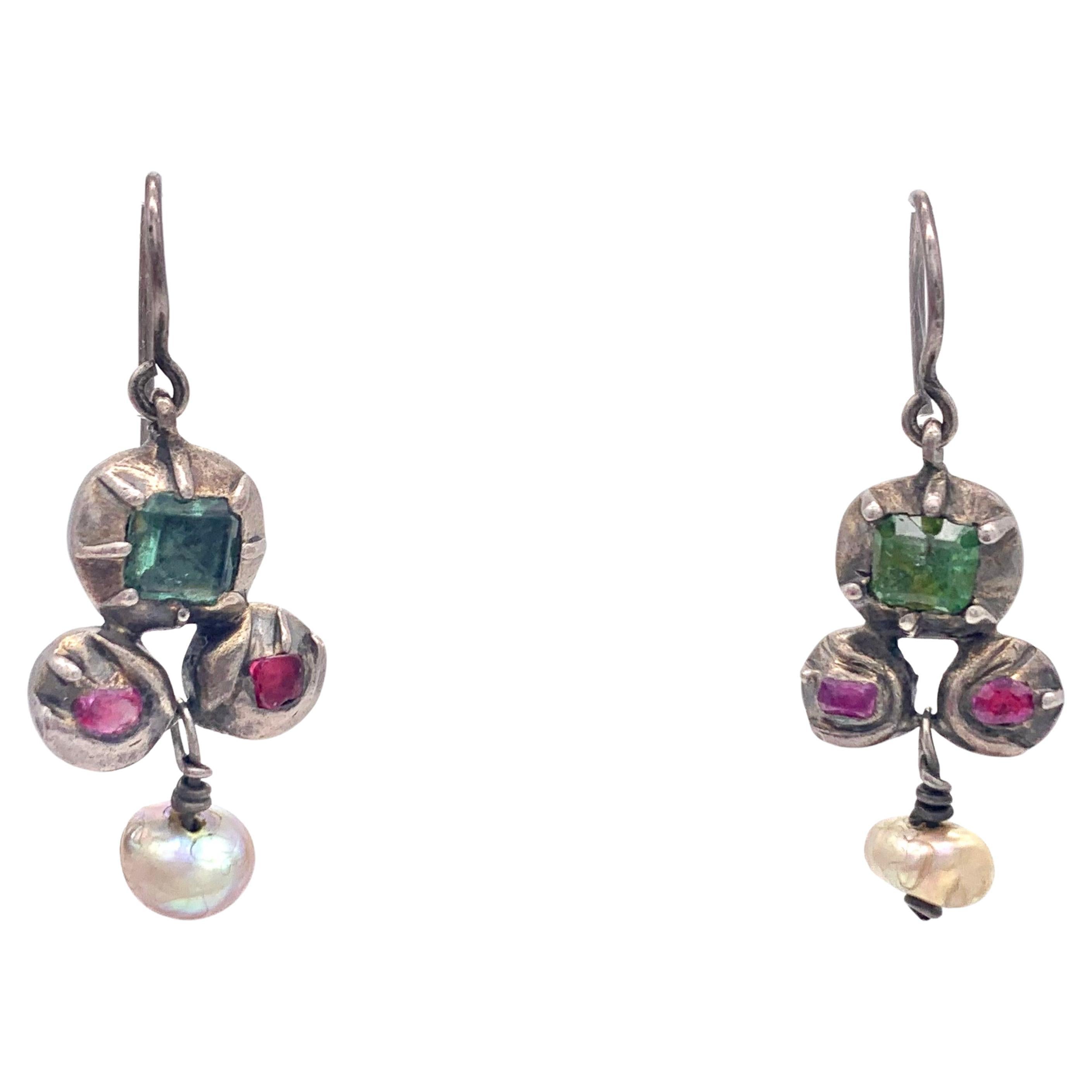 Antique 18th Century Flower Dangle Earrings Ruby Emerald  Baroque Pearl Silver For Sale