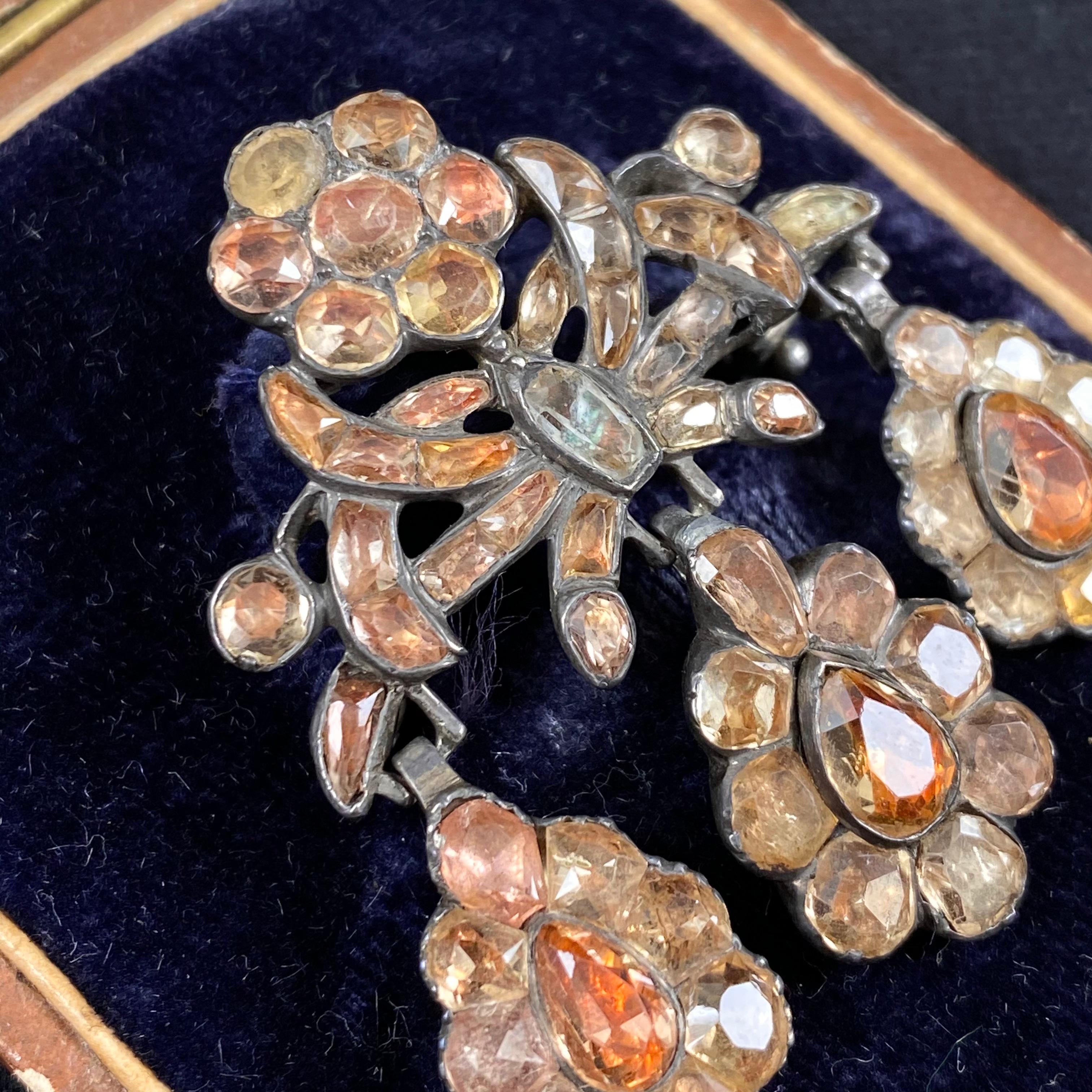 Antique Cushion Cut Antique 18th Century Foiled Imperial Topaz Girandole Brooch Silver Portuguese