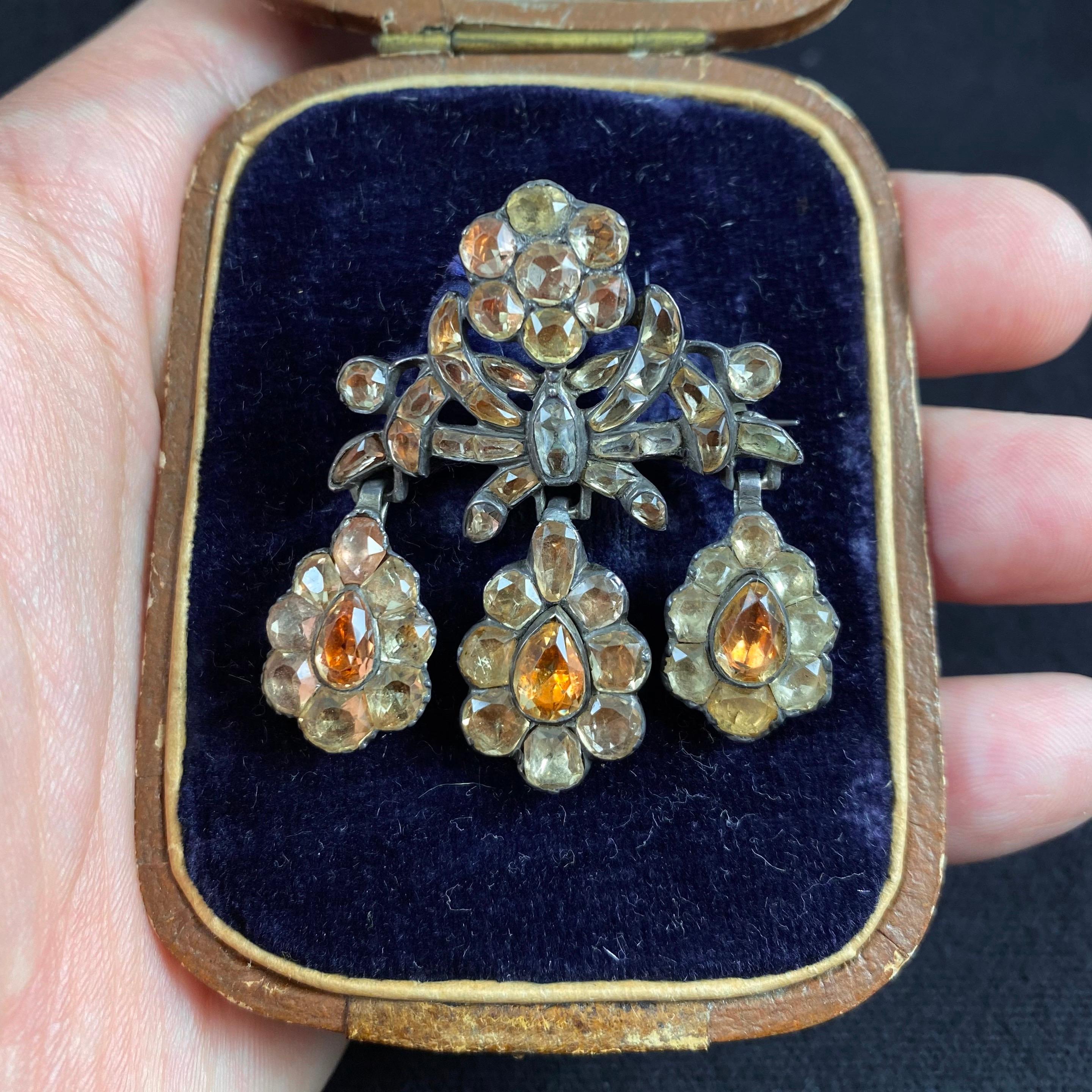 Women's Antique 18th Century Foiled Imperial Topaz Girandole Brooch Silver Portuguese