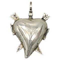 Antique 18th Century Folk Art Silver Double Arrow Heart Locket Pendant