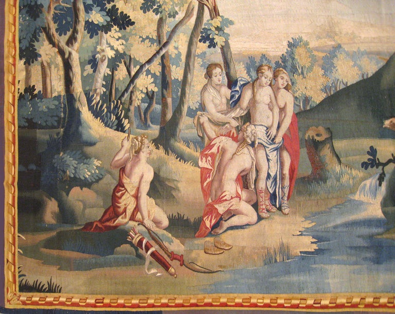 French Antique 18th Century Franco-Flemish Mythological Tapestry, with Diana & Callisto For Sale