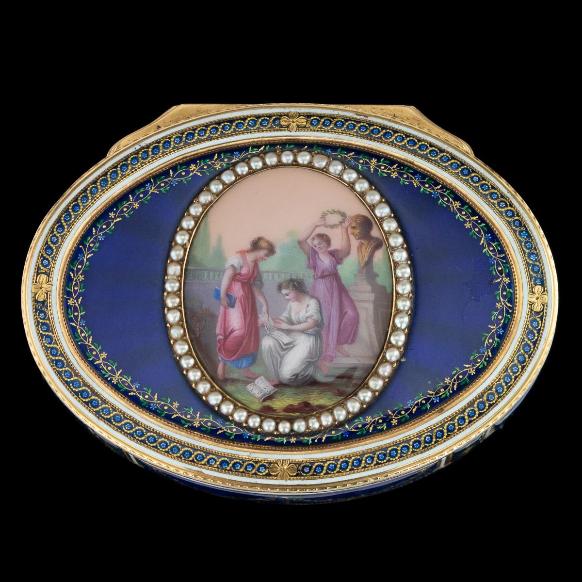 Antique 18th century exceptional French 18-karat gold and enamel snuff box, of oval shape, the lid inset with an oval enamel plaque depicting a classical scene set in a lavish garden, surrounded by a pearl frame, the ground enameled in translucent