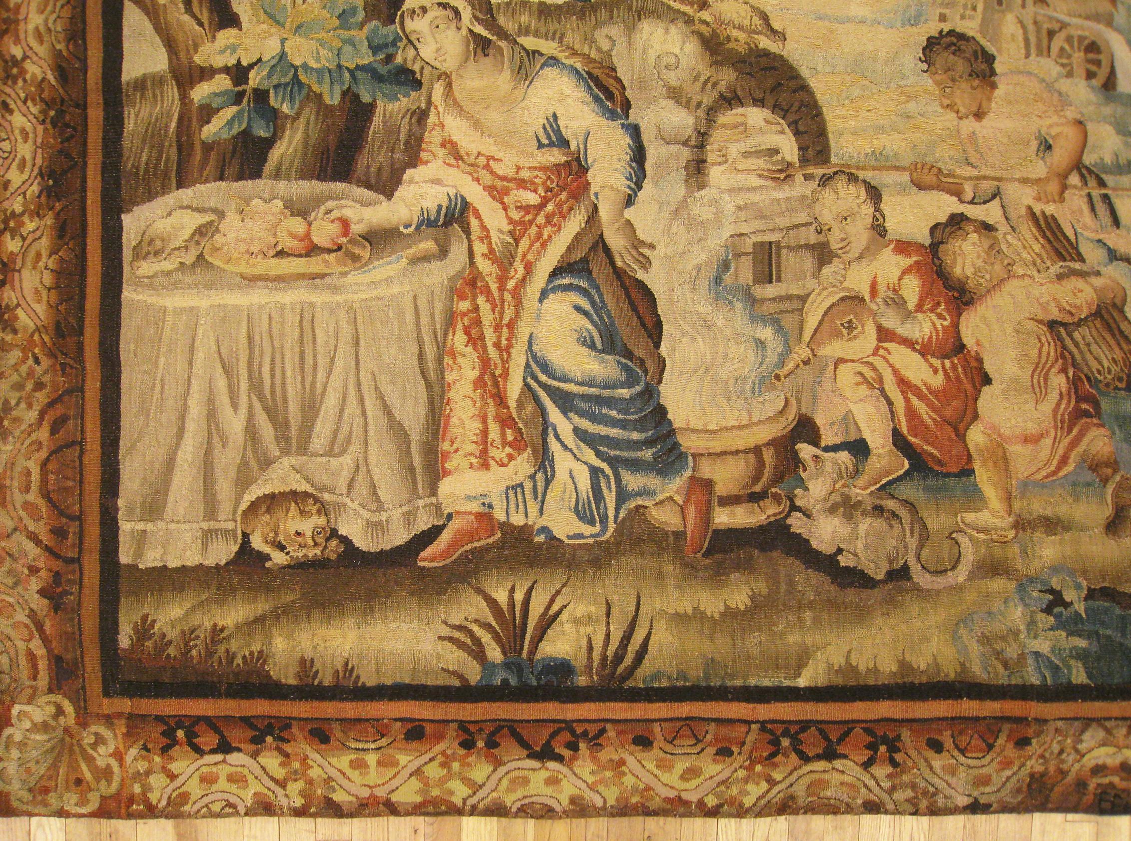 Hand-Woven Antique 18th Century French Aubusson Rustic Tapestry of a Family Preparing Lunch For Sale