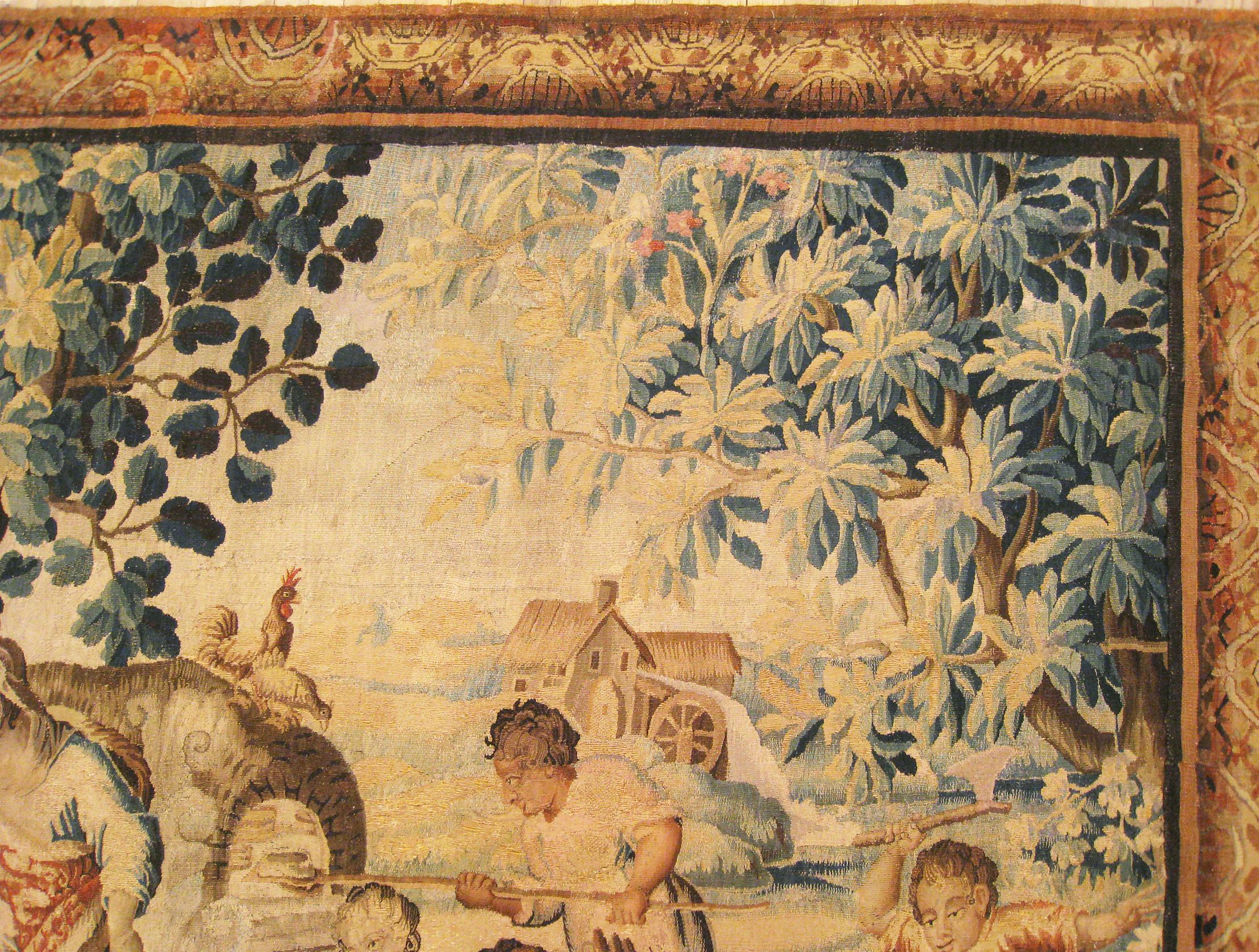 Antique 18th Century French Aubusson Rustic Tapestry of a Family Preparing Lunch For Sale 1