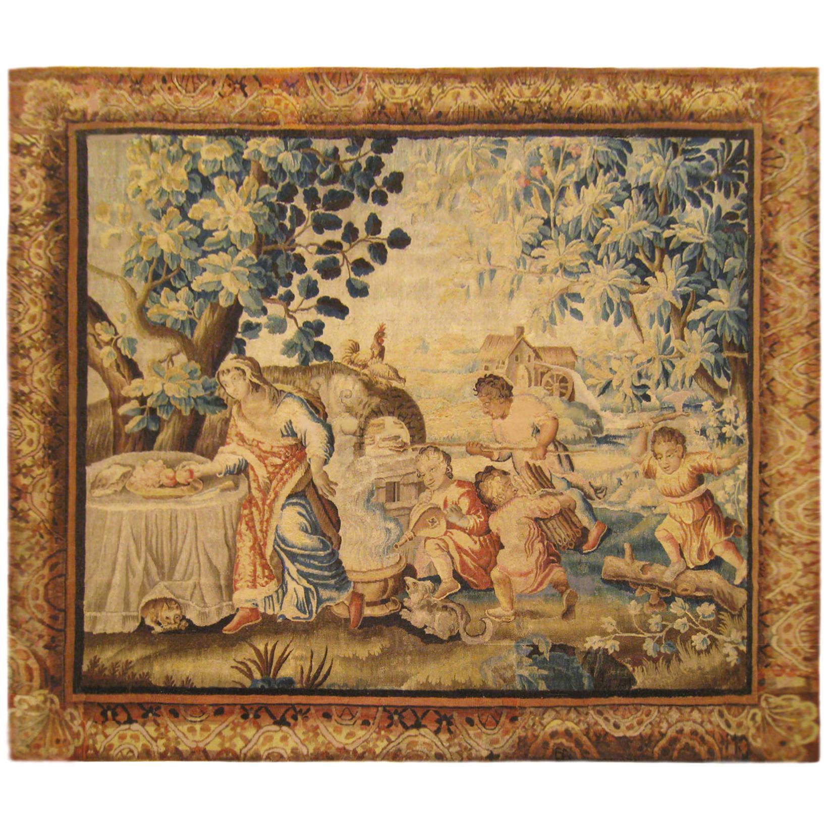Antike 18. Jahrhundert Französisch Aubusson Rustic Wandteppich einer Familie der Vorbereitung des Mittagessens