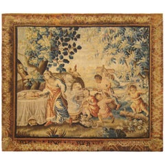 Antique 18th Century French Aubusson Rustic Tapestry of a Family Preparing Lunch