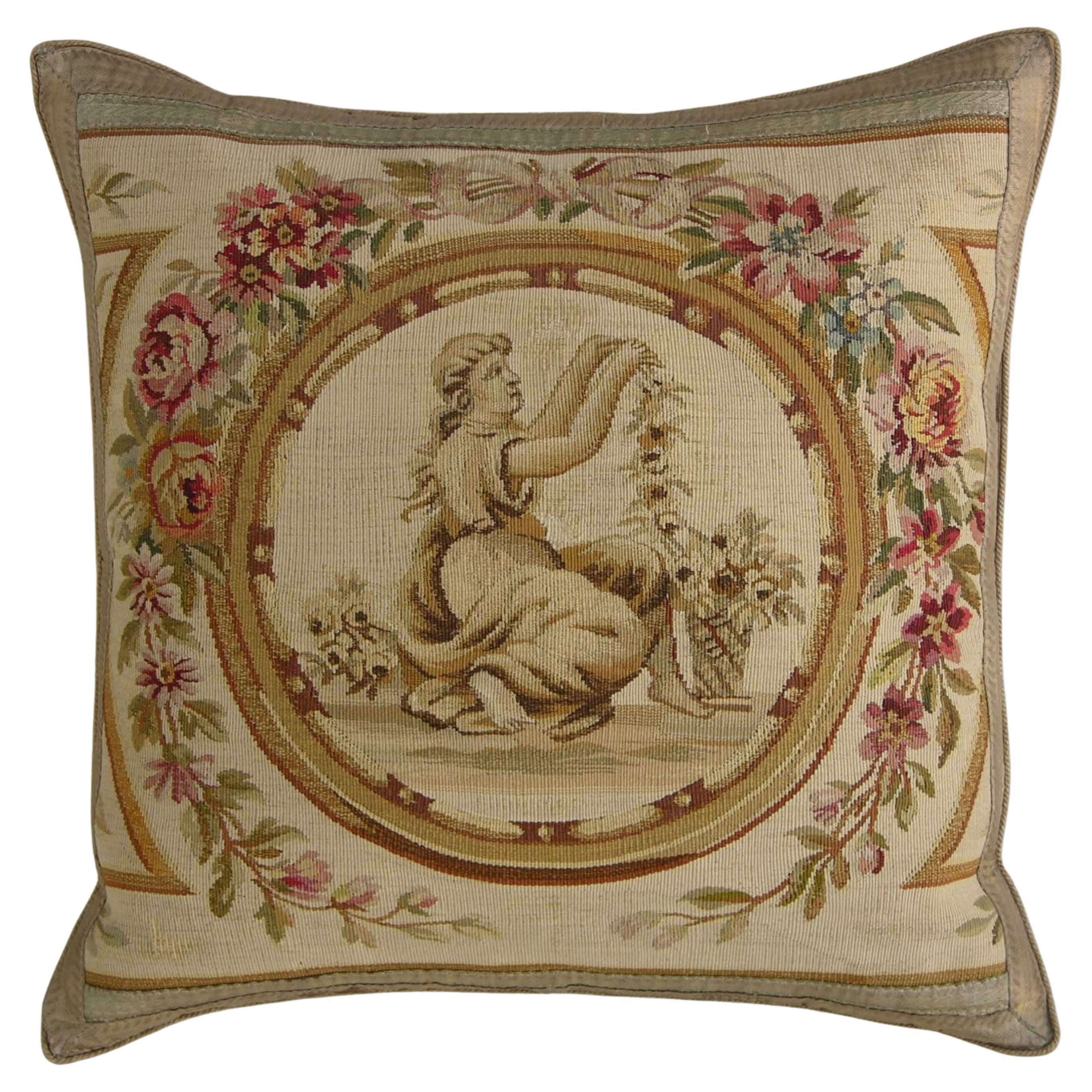 Antique 18th Century French Aubusson Tapestry Pillow 21'' X 20'' For Sale