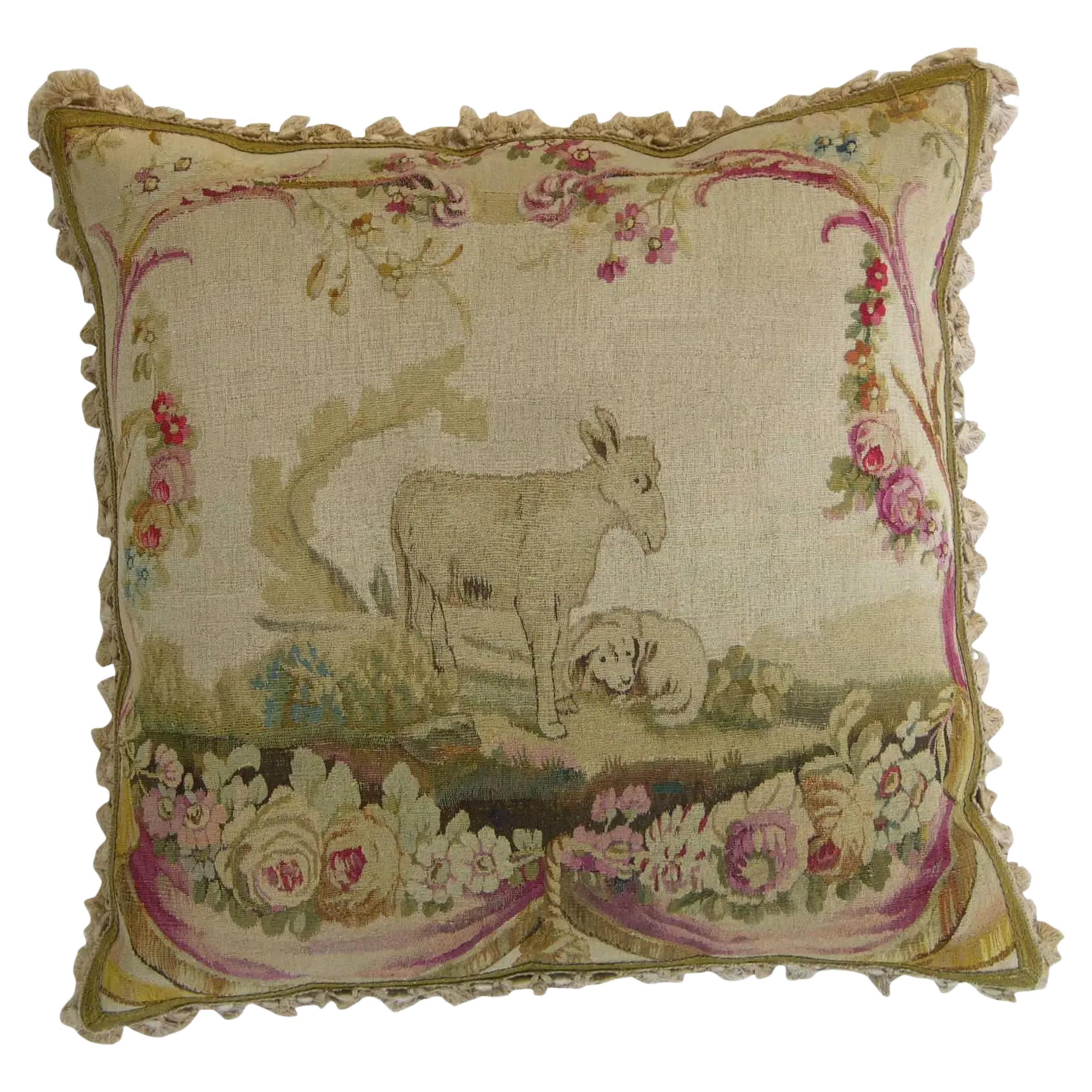 Antikes französisches Aubusson-Wandteppich-Kissen aus dem 18. Jahrhundert