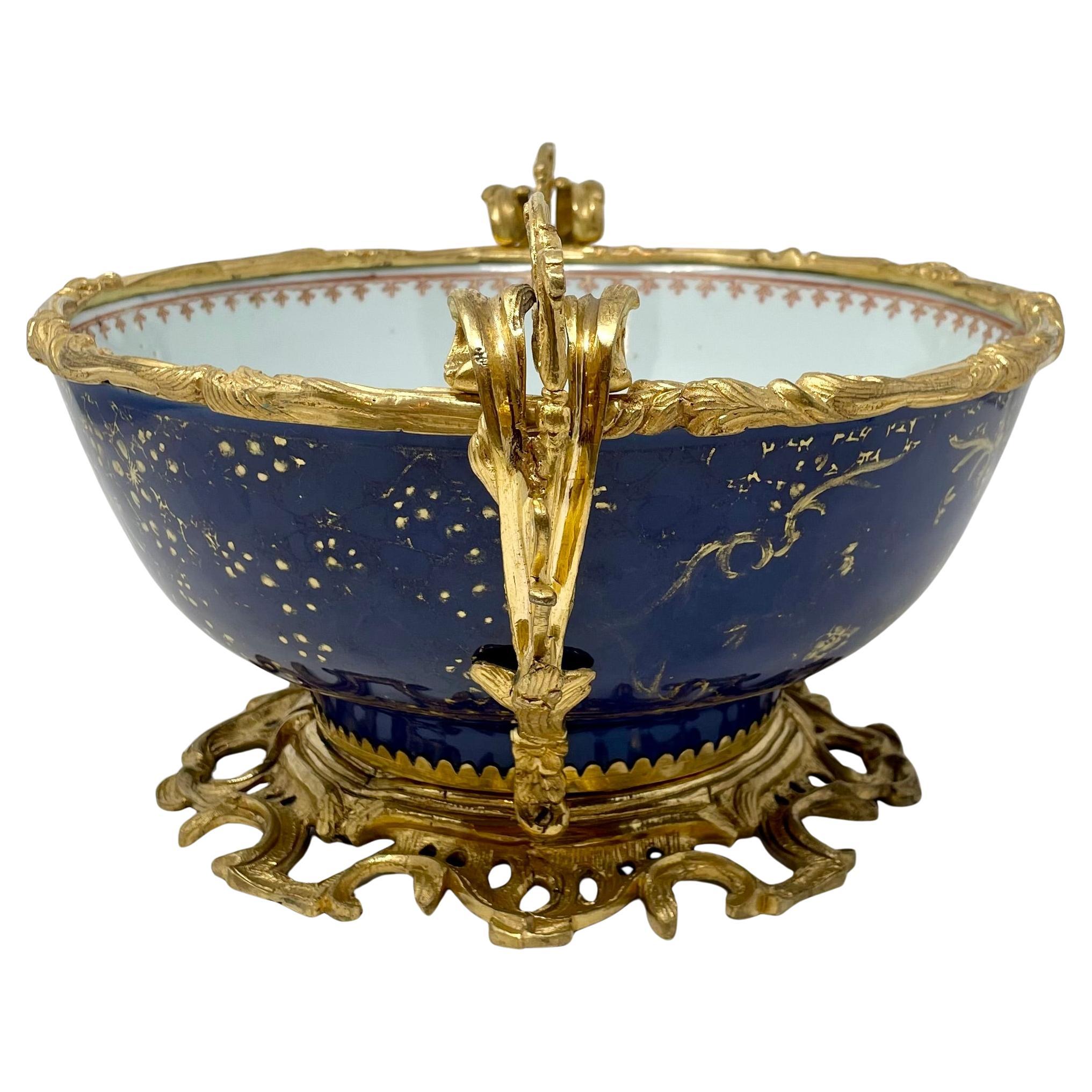 Antique 18th Century French Blue Porcelain Bowl with 19th Century Ormolu Mounts. For Sale 8