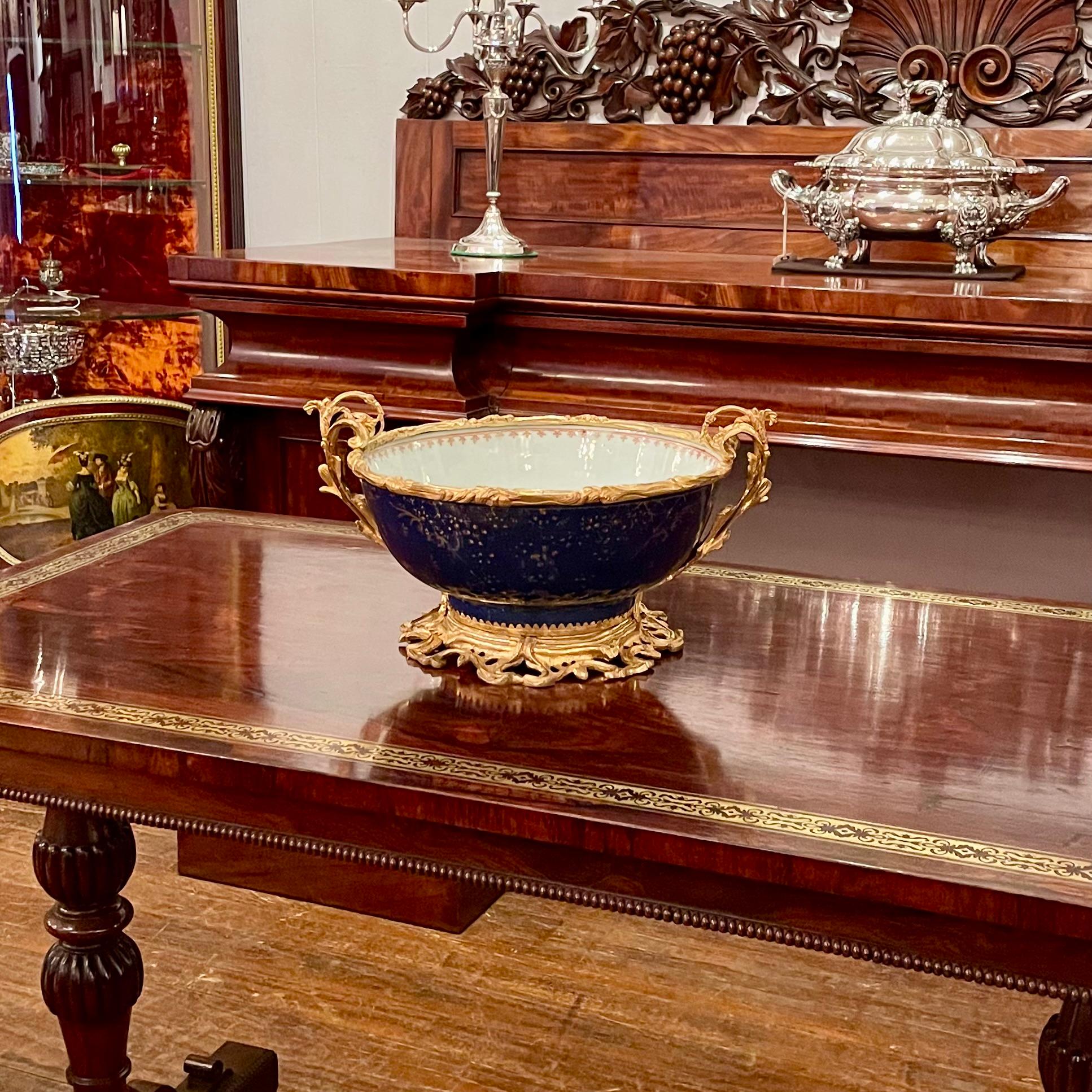 Antique 18th Century French Blue Porcelain Bowl with 19th Century Ormolu Mounts. For Sale 9
