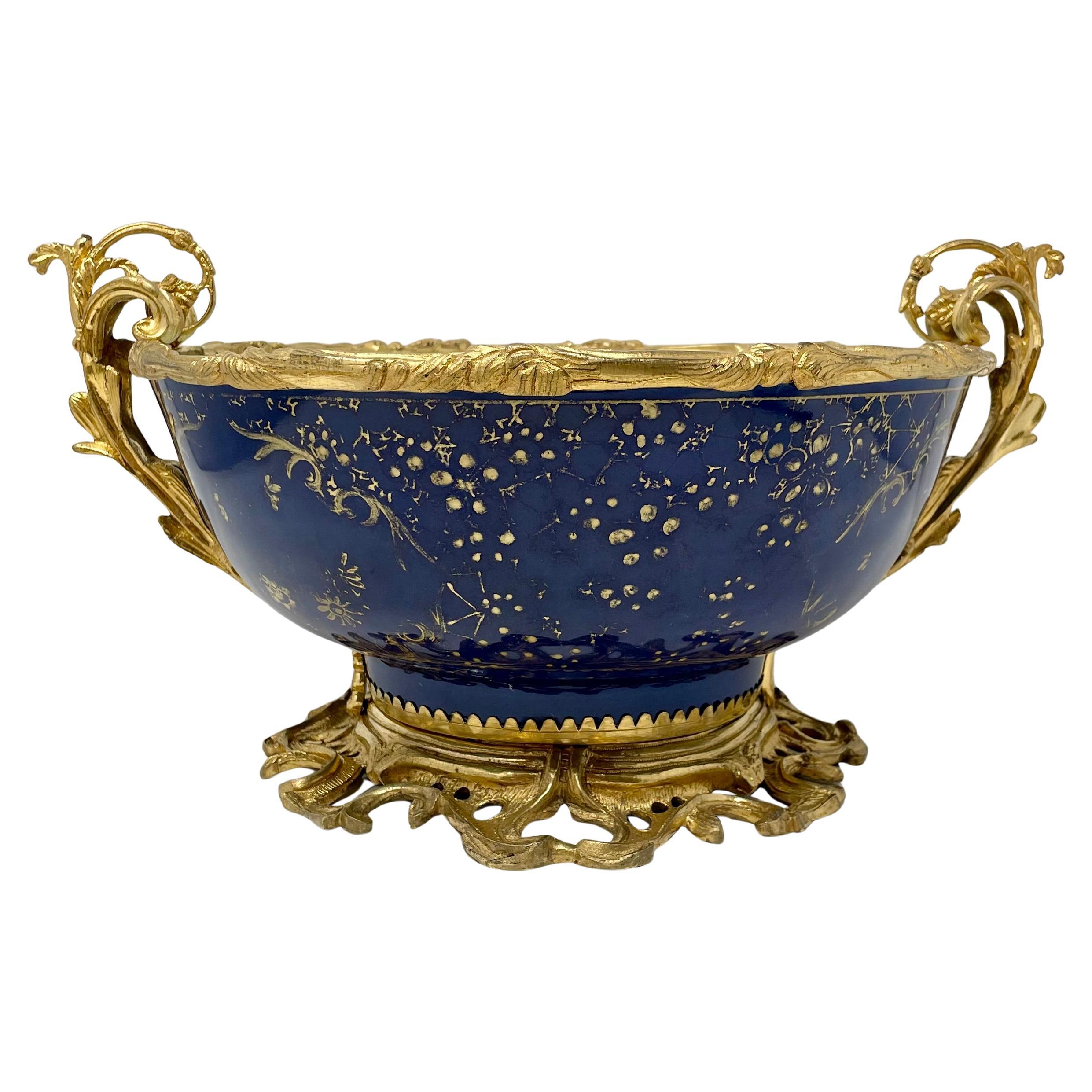 Rare Antique 18th Century French Blue & Gold Porcelain Bowl with 19th Century Ormolu Mounts.