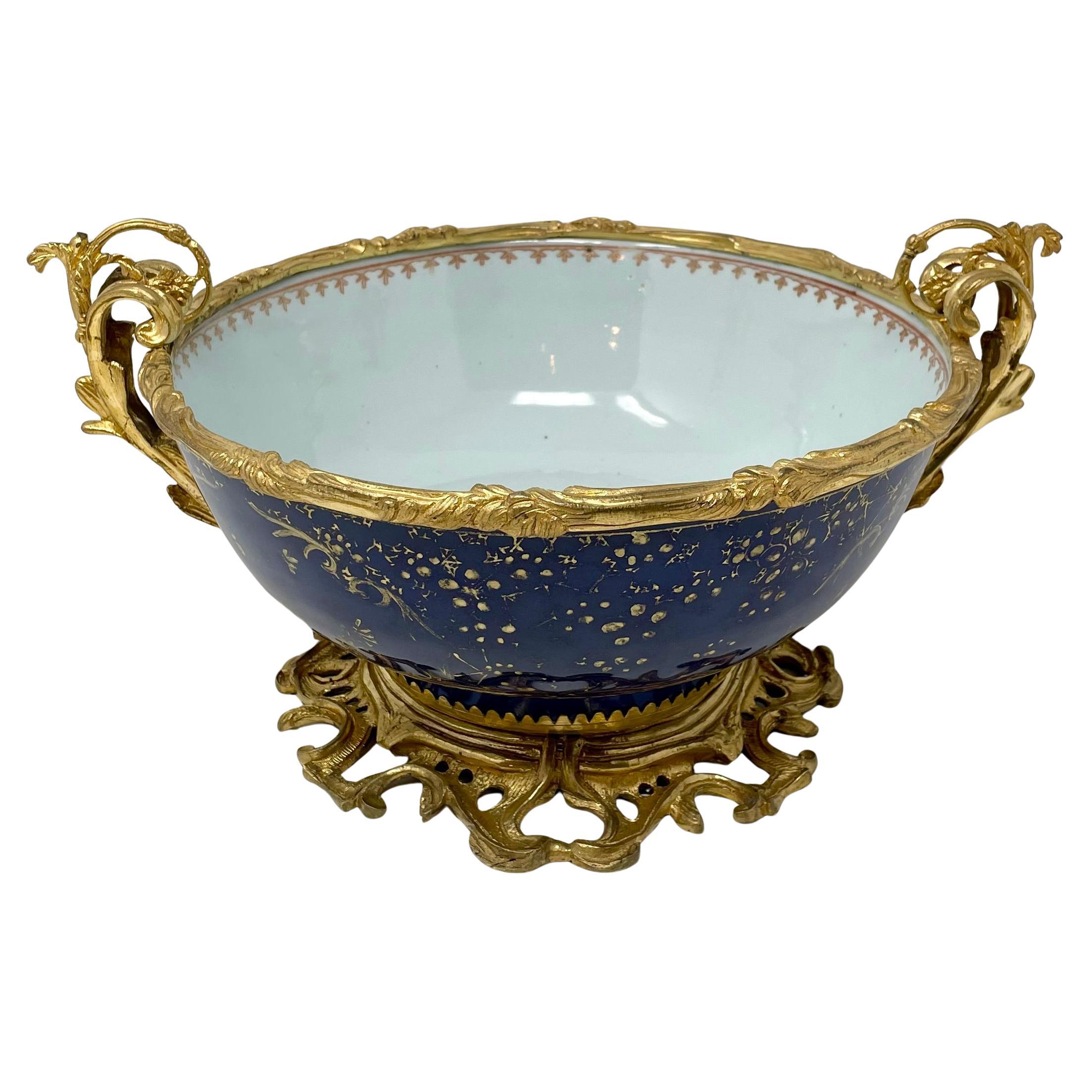 Antique 18th Century French Blue Porcelain Bowl with 19th Century Ormolu Mounts. In Good Condition For Sale In New Orleans, LA