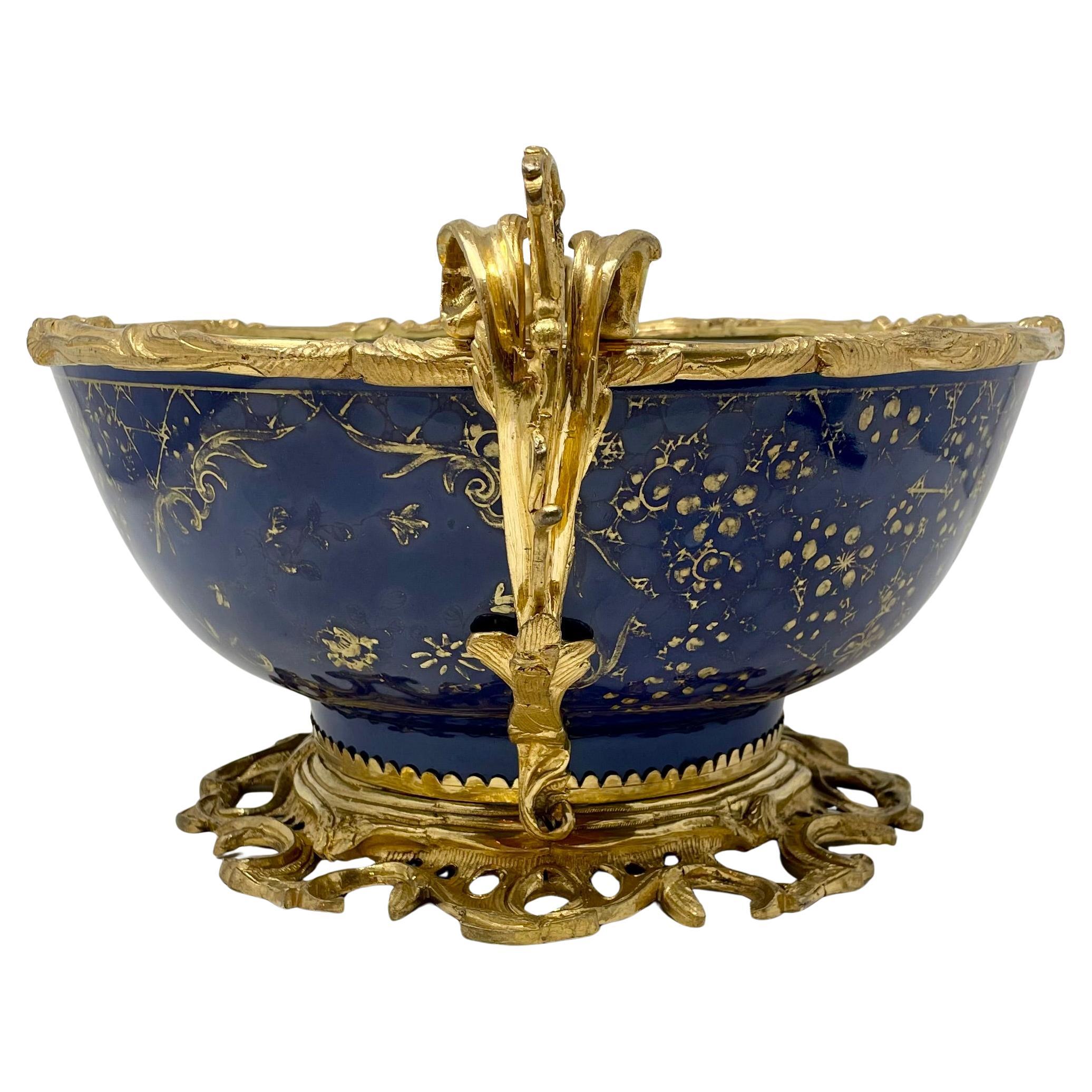 Antique 18th Century French Blue Porcelain Bowl with 19th Century Ormolu Mounts. For Sale 3