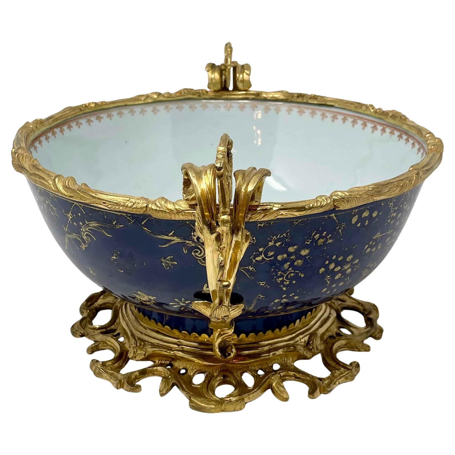 Antique 18th Century French Blue Porcelain Bowl with 19th Century Ormolu Mounts. For Sale 4