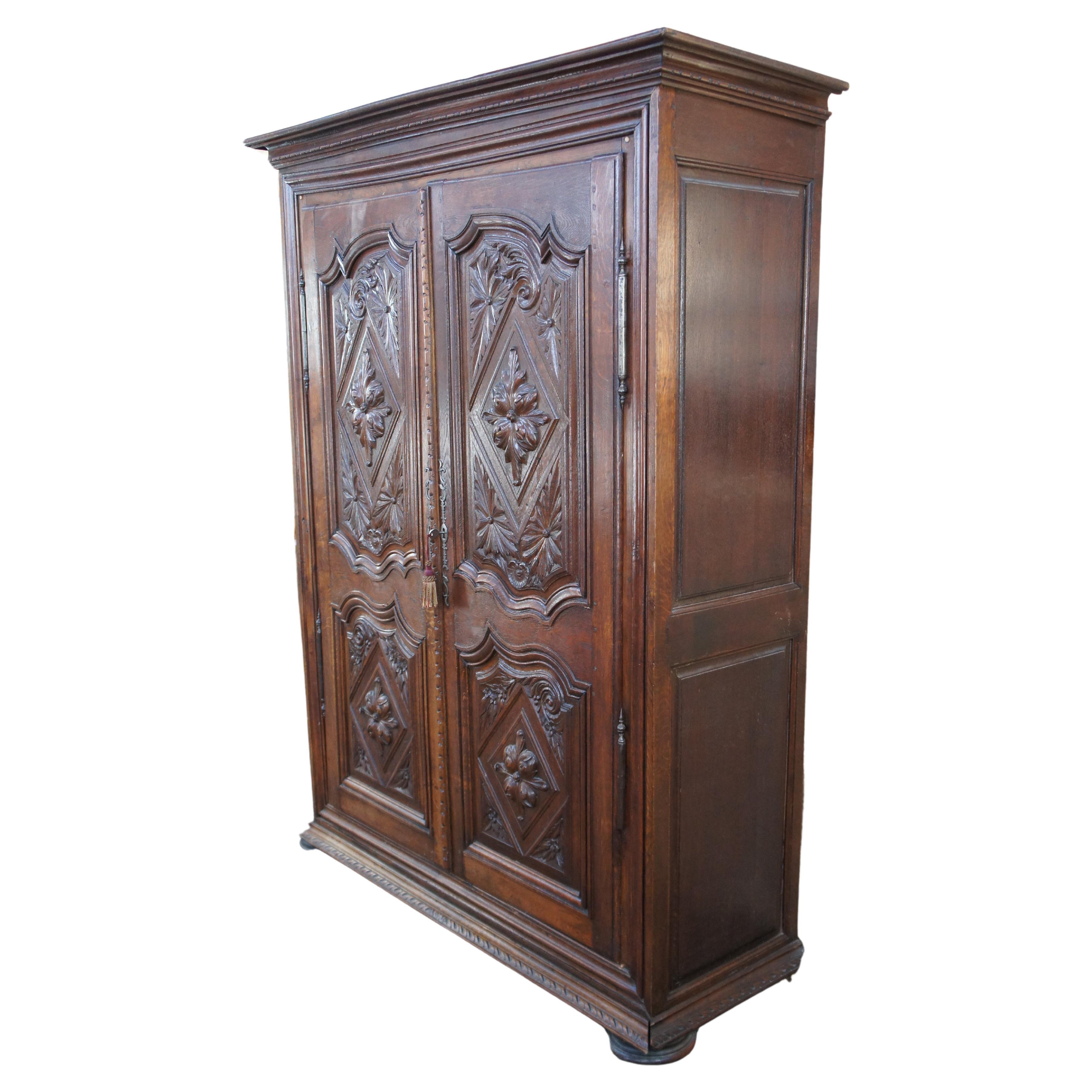 French Provincial Antique 18th Century French Carved Oak Knockdown Armoire Wardrobe Linen Press For Sale