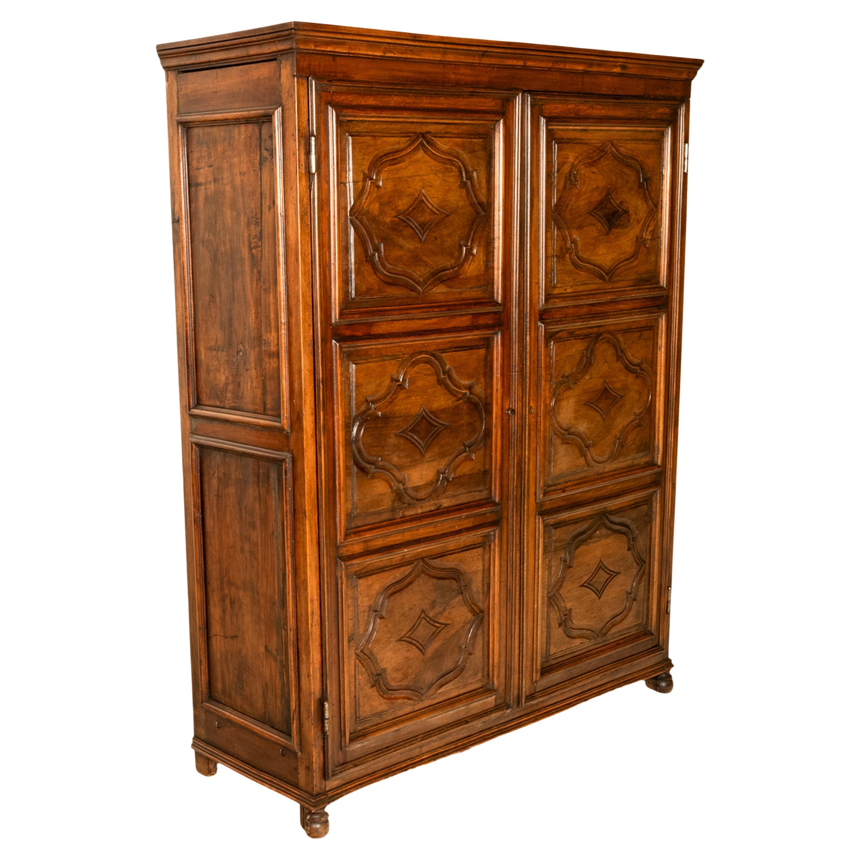Antique 18th Century French Carved Walnut 2 Door Bonnetiere Armoire Cabinet 1780 For Sale