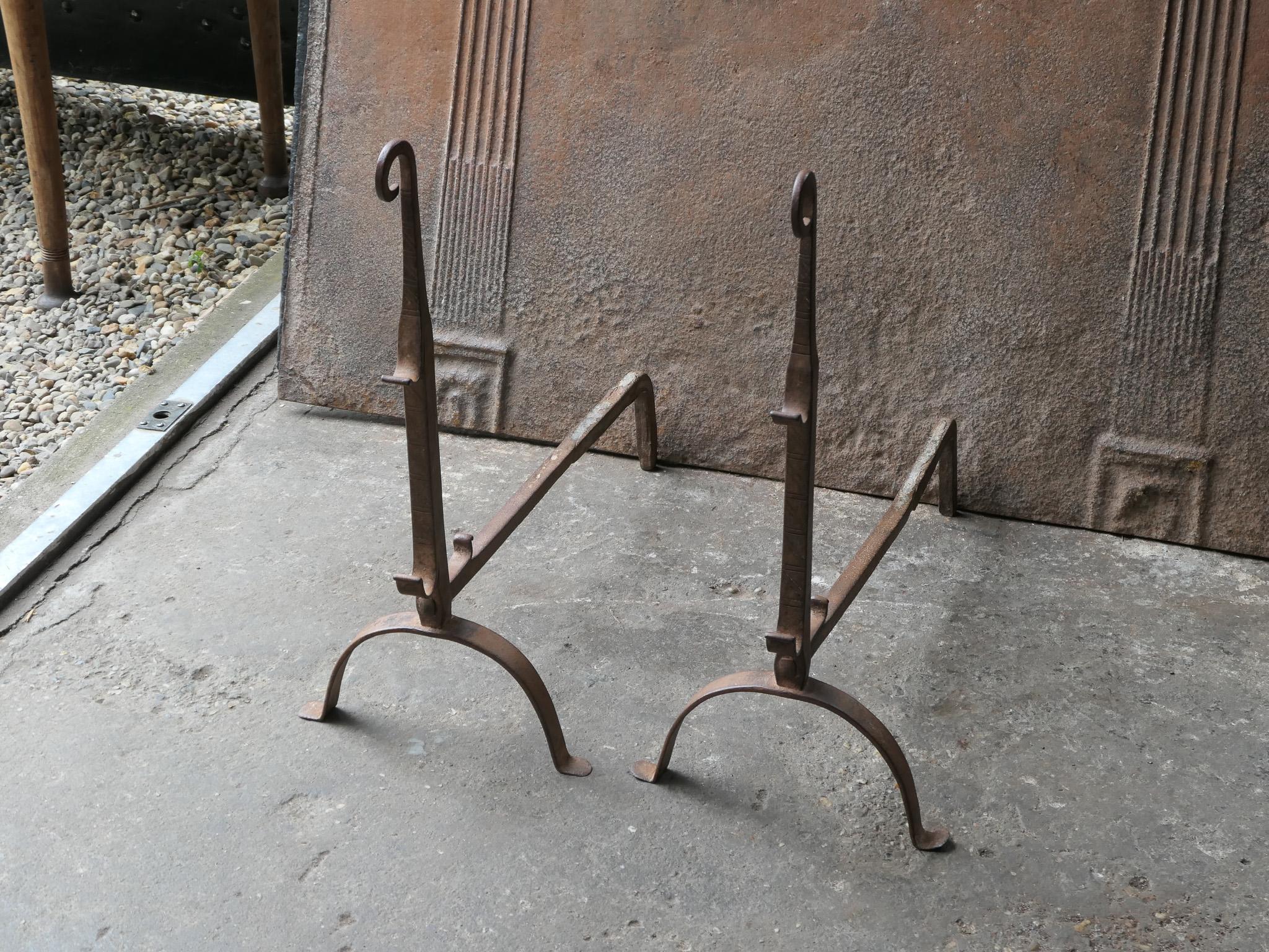 Wrought Iron Antique 18th Century French Louis XV Fire Andirons For Sale