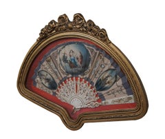 Antique French del 18° secolo, ventaglio a mano con carro di Hera, Shadowbox