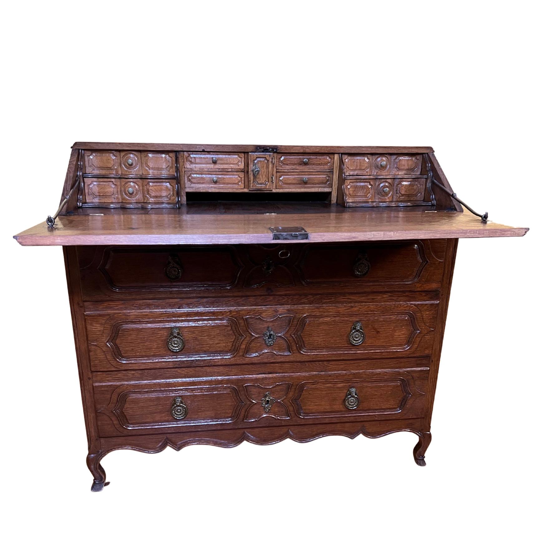 Parquetry detail drop front, when open shows 11 various small drawers, there is a little door that comes with a key that opens up to 3 more mini drawers, base of bureau has three extremely large drawers with pull handles of a lion head. 

Circa: