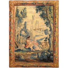 Antique 18th Century French Pastoral Tapestry, with Man Playing Flute in Forest