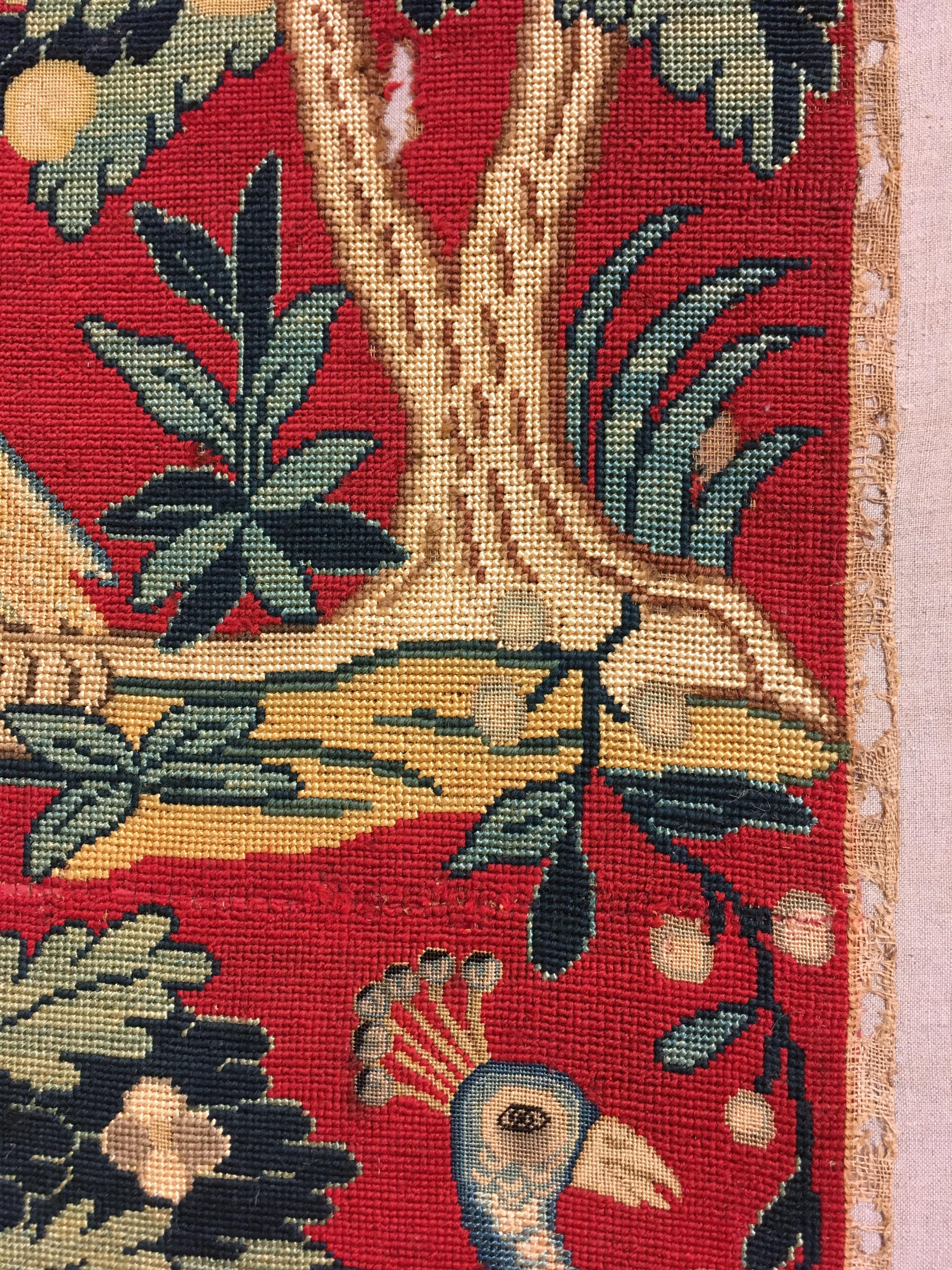 Antique 18th Century French Tapestry Picture with Peacock and Parrot on Red 1