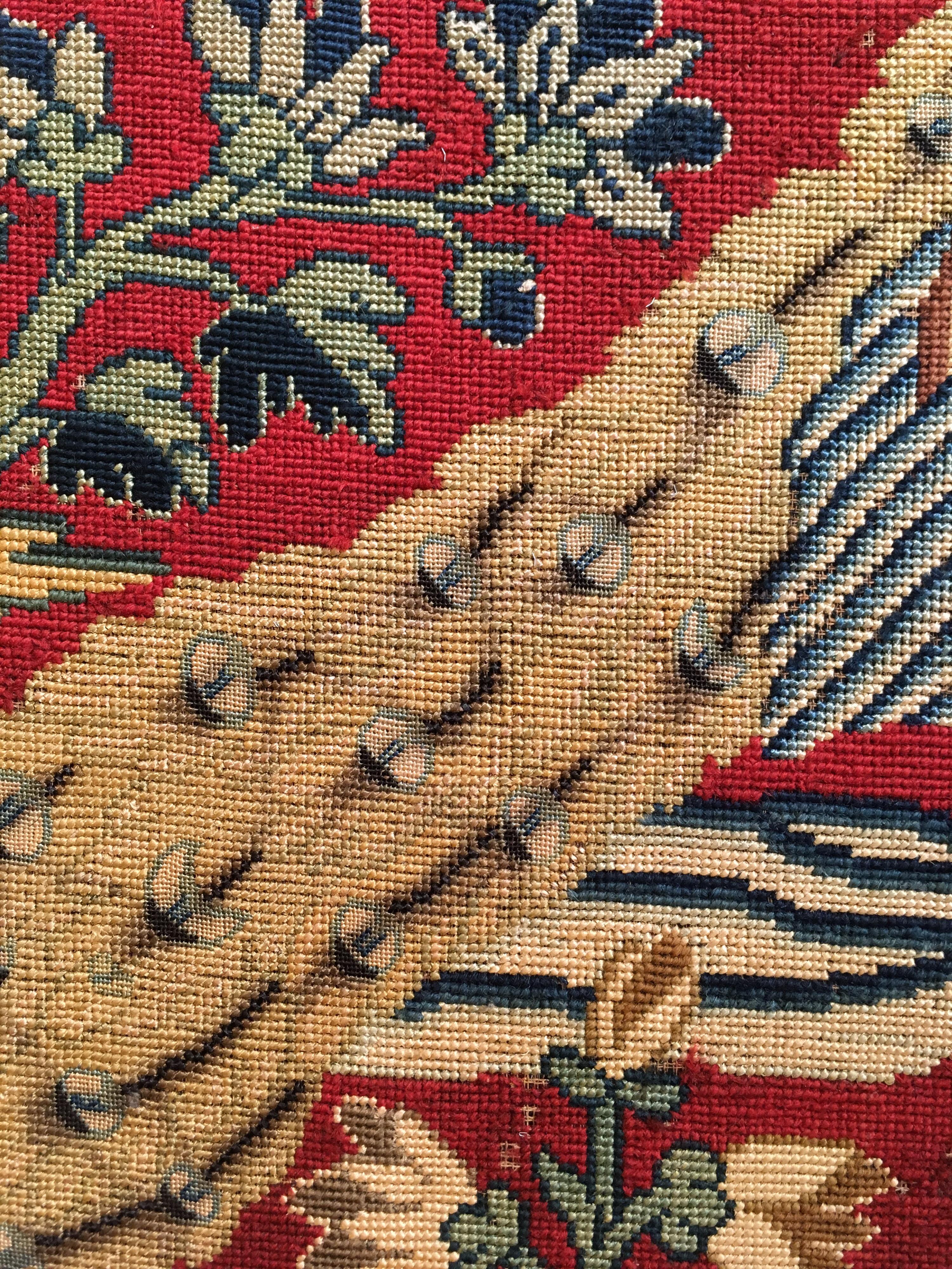 Embroidered Antique 18th Century French Tapestry Picture with Peacock and Parrot on Red
