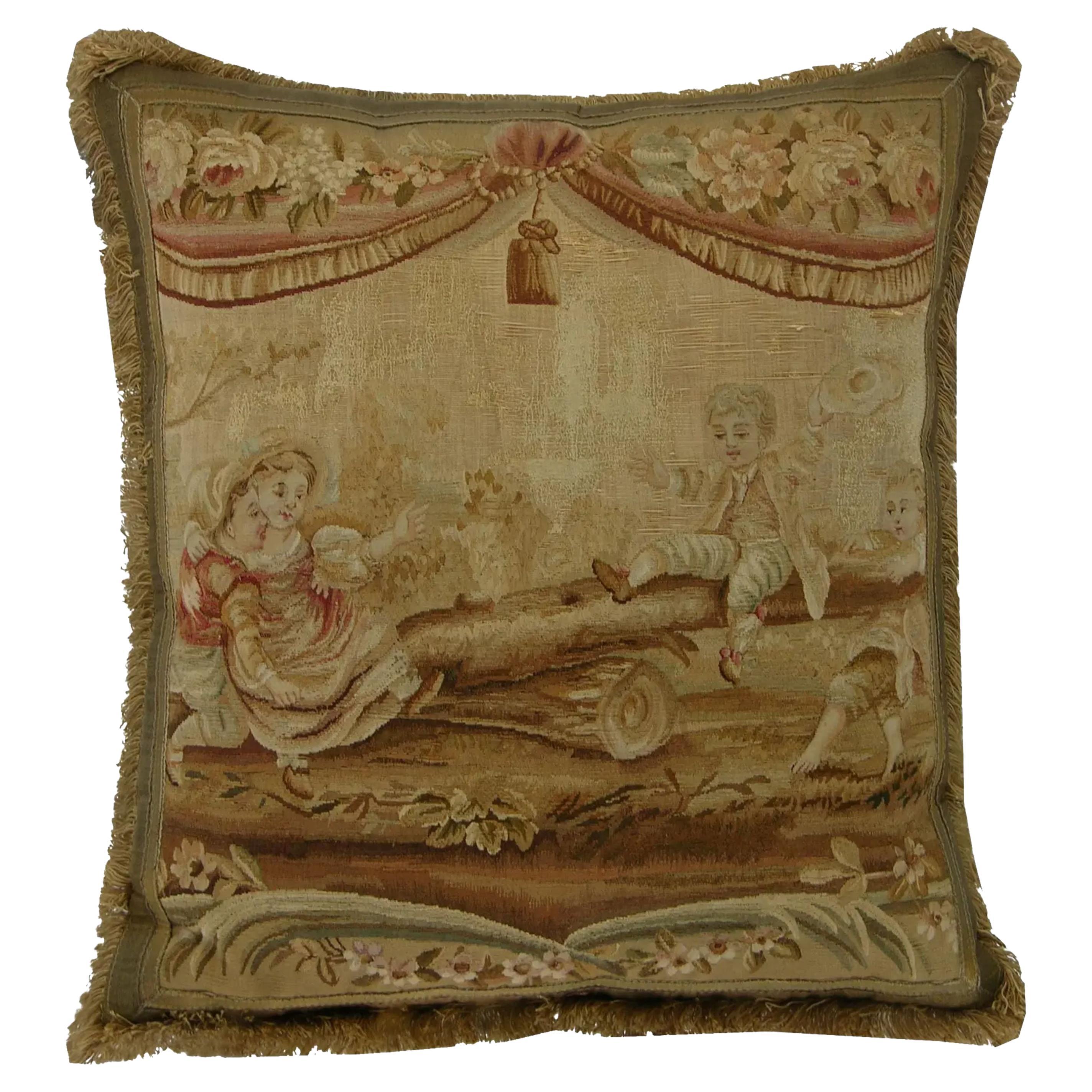 Antique 18th Century French Tapestry Pillow - 24'' X 22'' For Sale