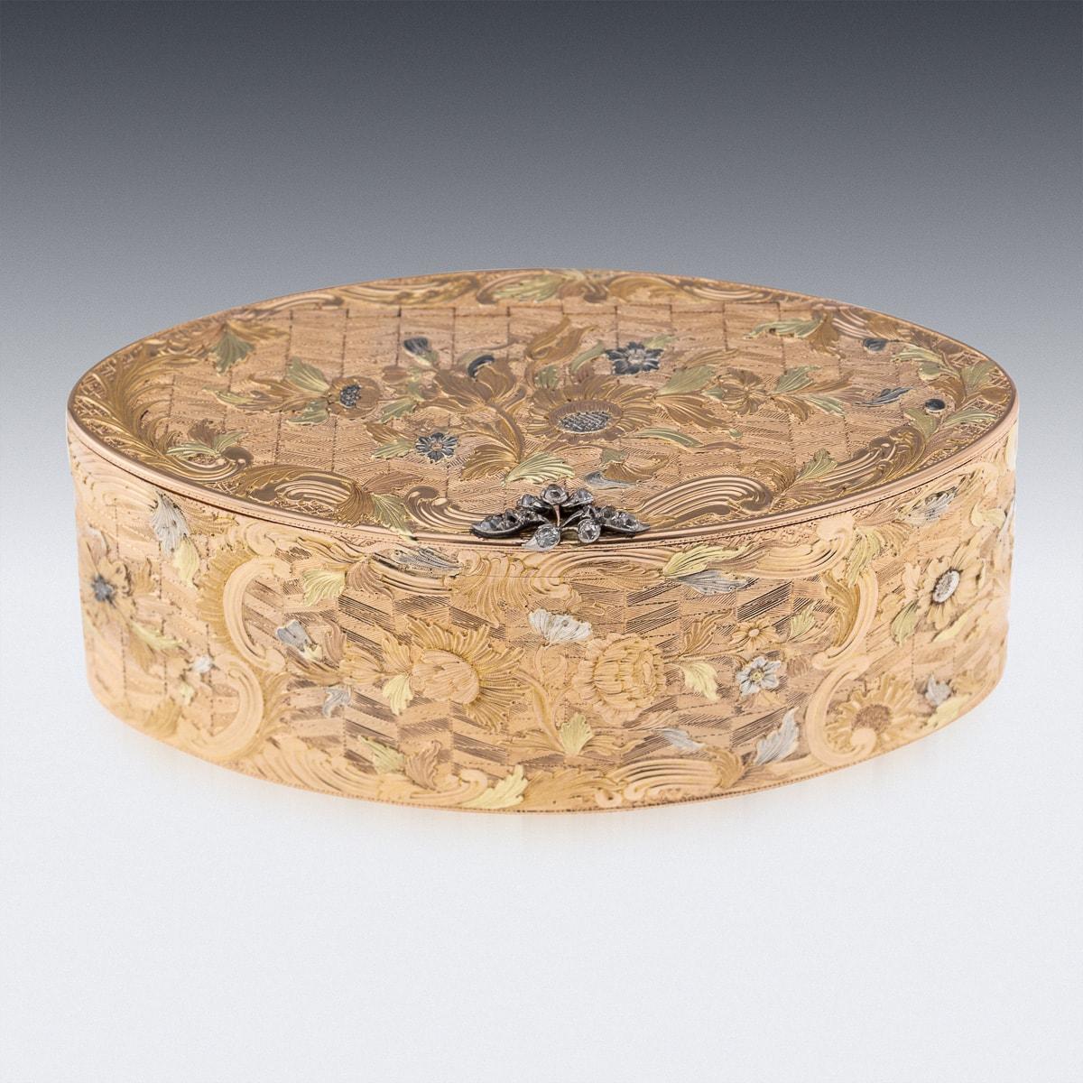 Antique late 18th Century French magnificent three-coloured 18k gold snuff box. During the reign of Louis XVI, French artisans demonstrated their unparalleled skill in crafting magnificent gold boxes, symbols of prestige and affluence often