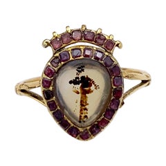 Antique 18th Century Garnet Moss Agate Gold Crowned Heart Locket Ring, England