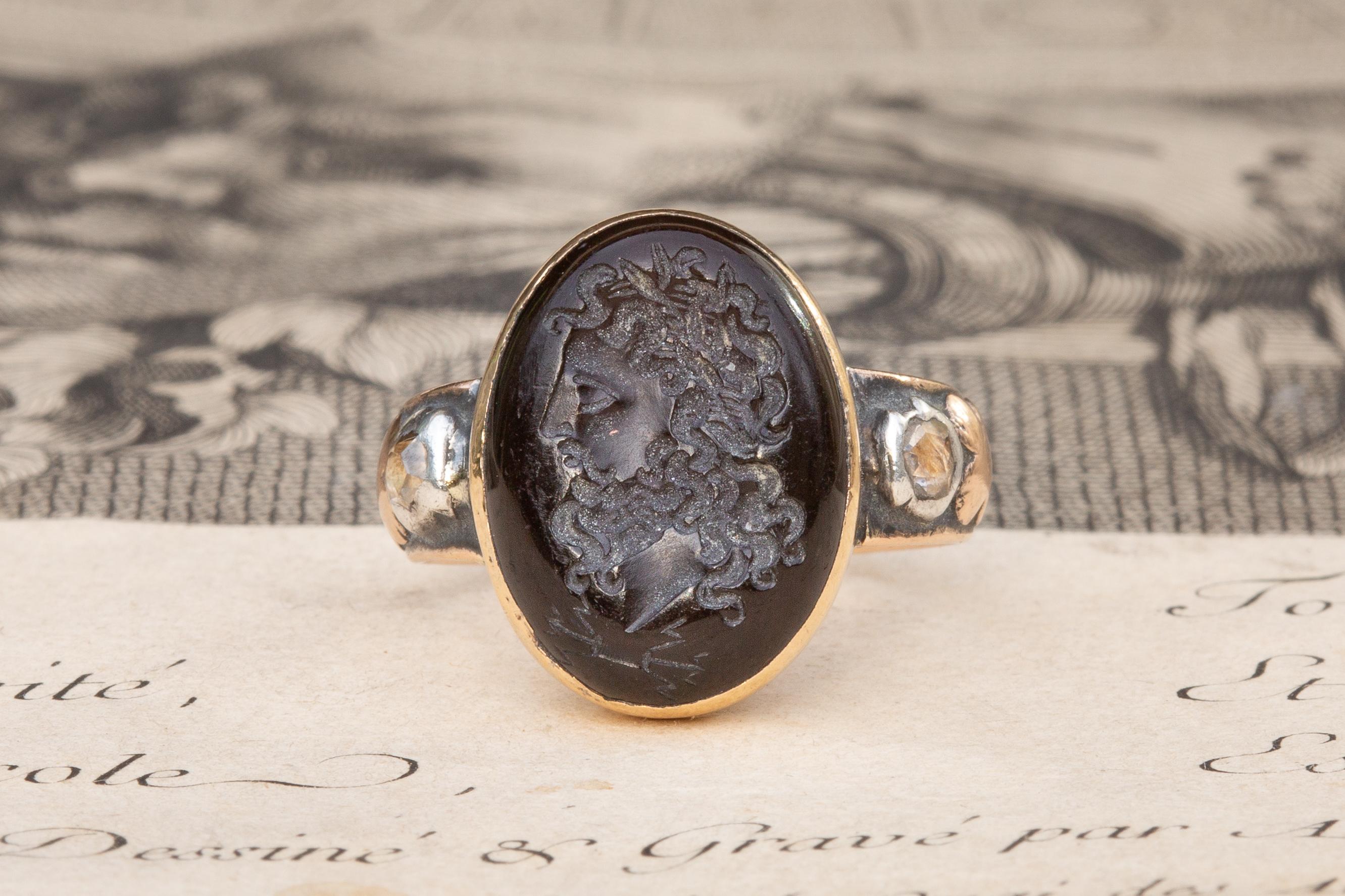 Antique 18th Century Garnet Zeus Jupiter Intaglio Signet Ring with Diamonds 1