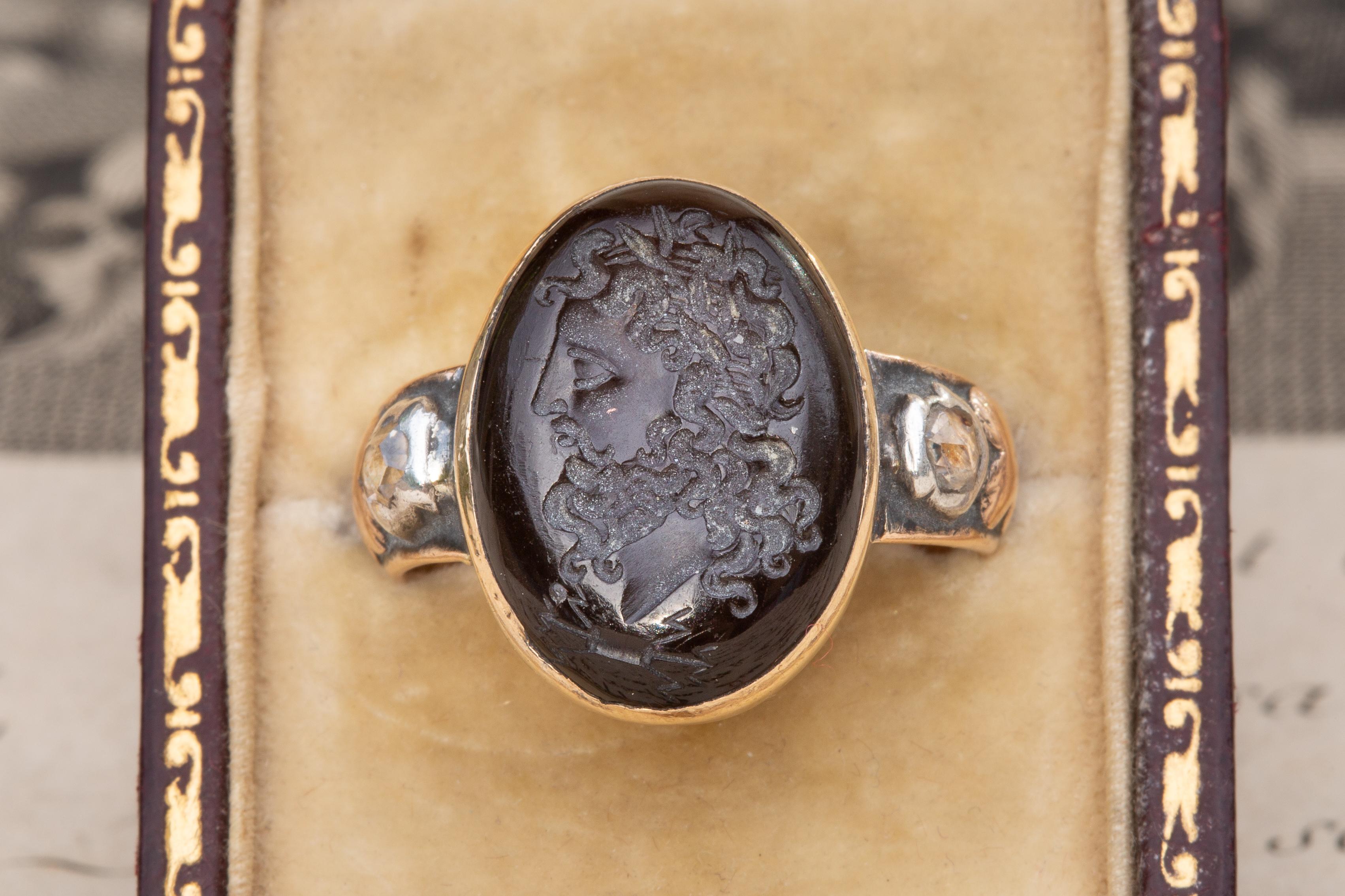 Rose Cut Antique 18th Century Garnet Zeus Jupiter Intaglio Signet Ring with Diamonds