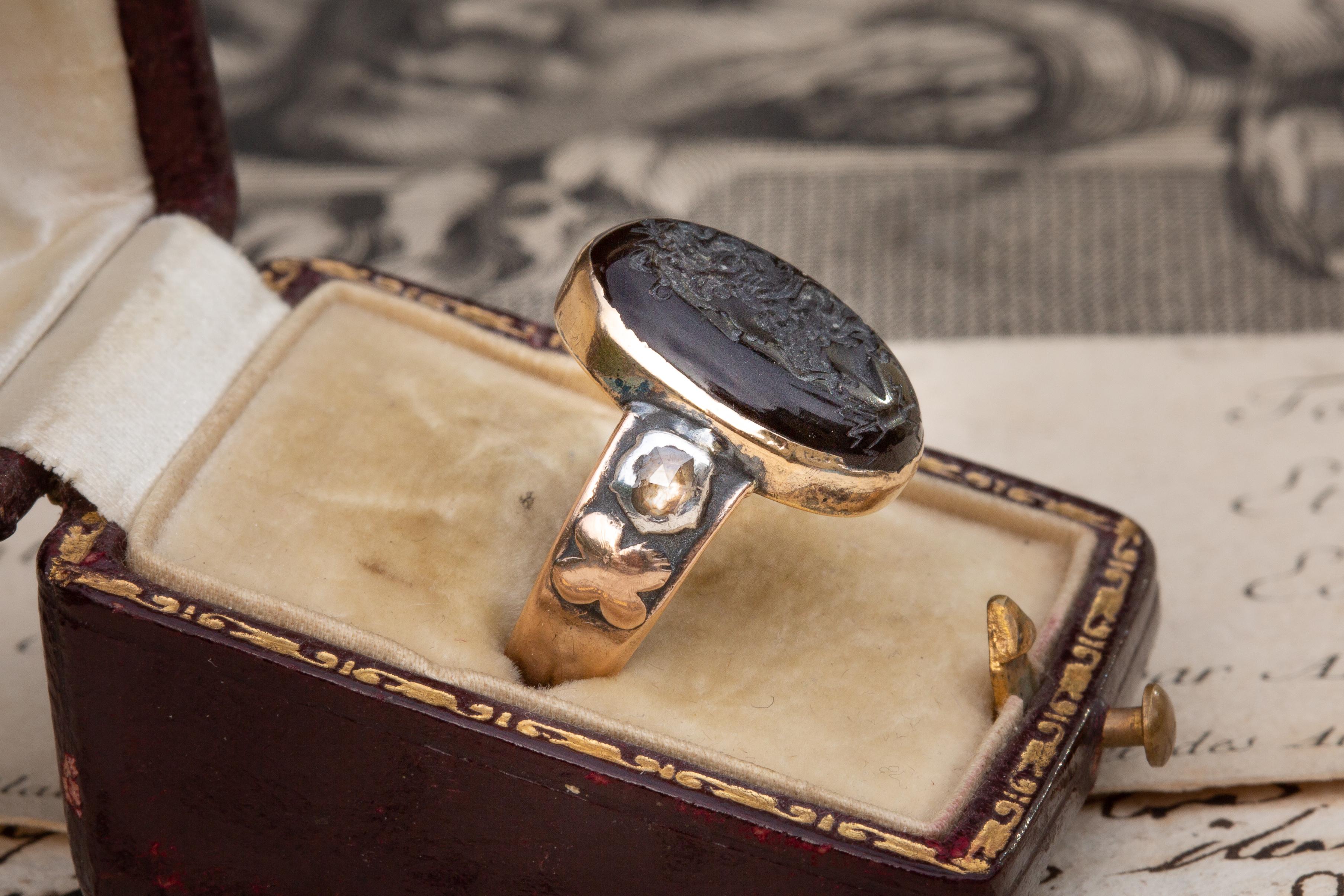 Women's or Men's Antique 18th Century Garnet Zeus Jupiter Intaglio Signet Ring with Diamonds