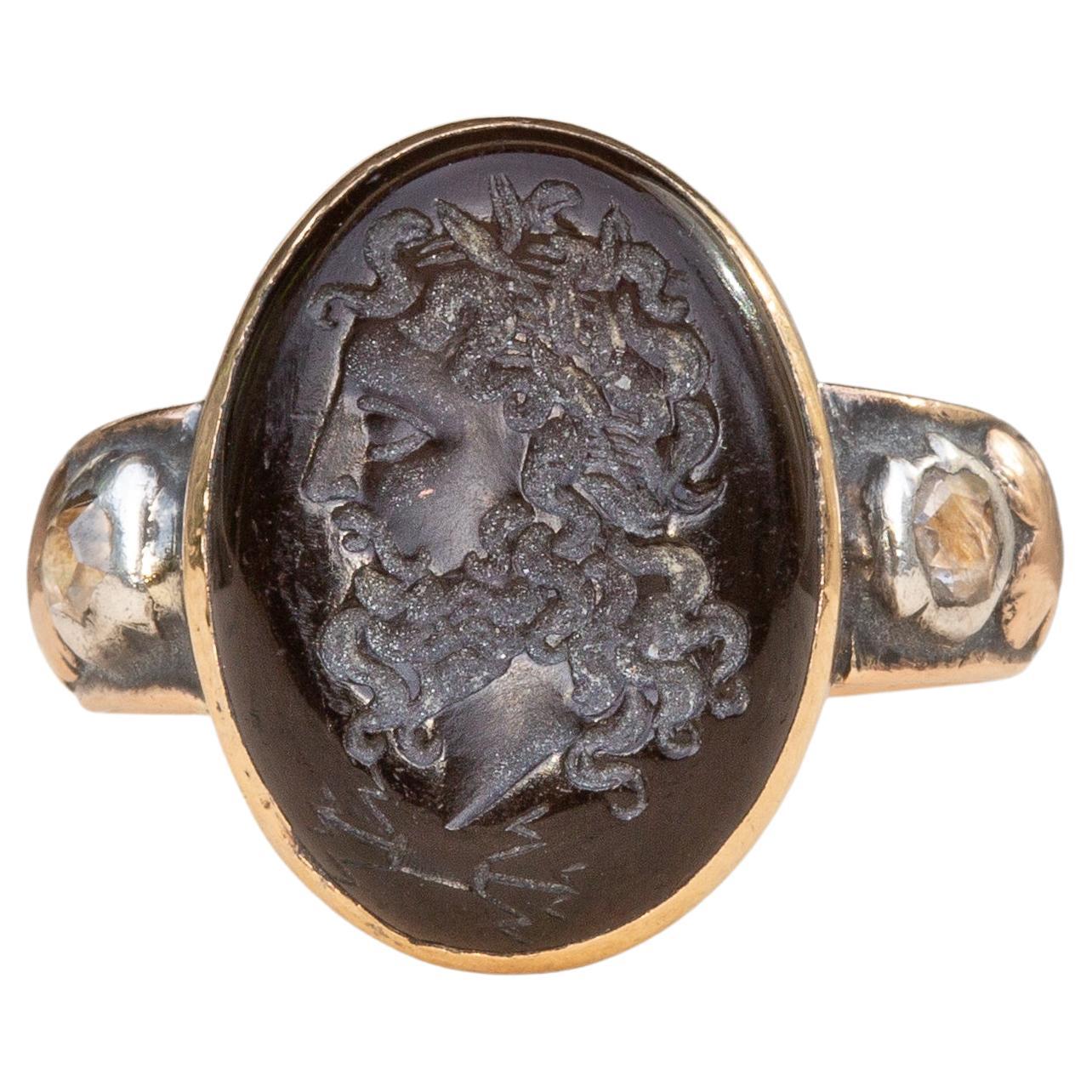 Antique 18th Century Garnet Zeus Jupiter Intaglio Signet Ring with Diamonds