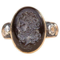Antique 18th Century Garnet Zeus Jupiter Intaglio Signet Ring with Diamonds