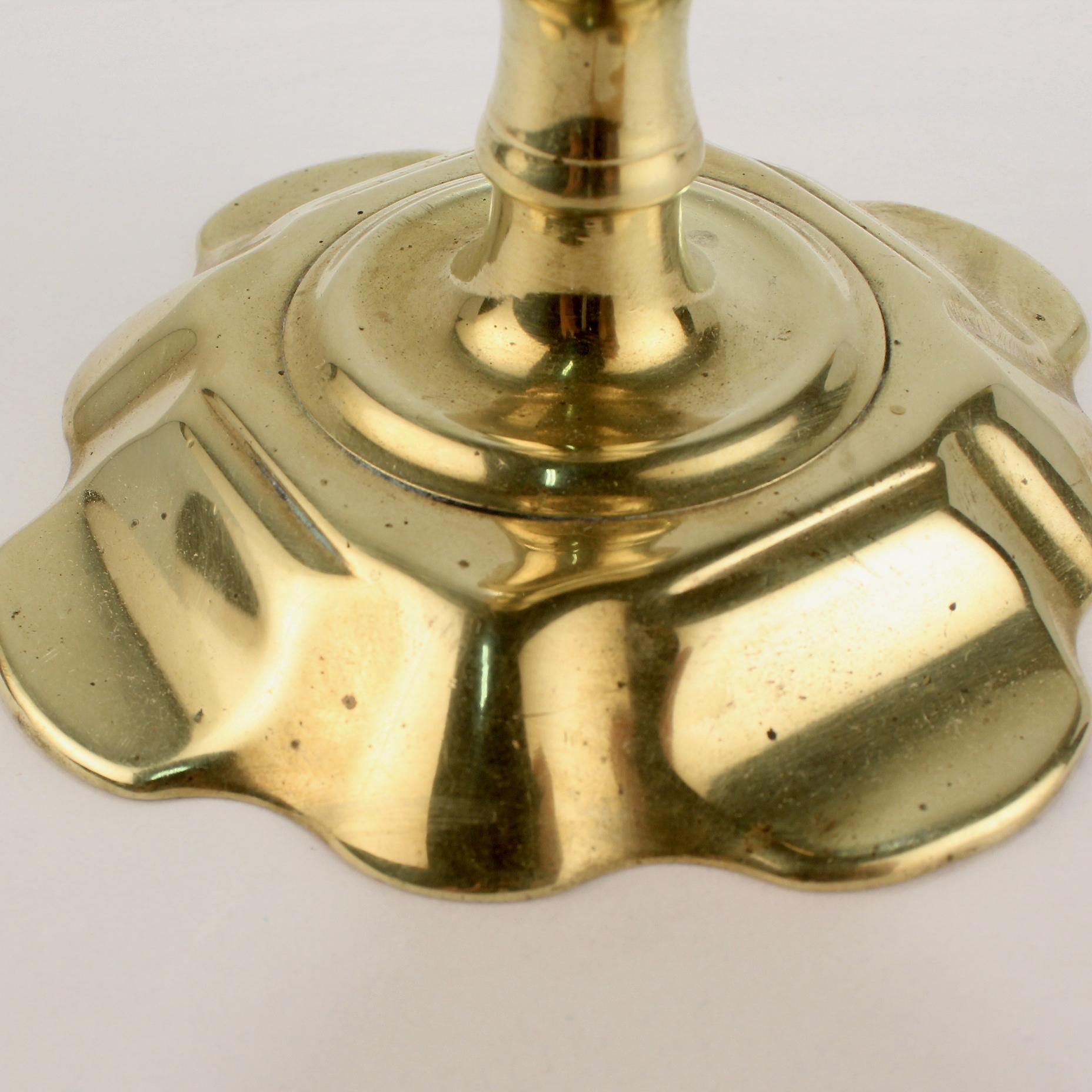 Antique 18th Century George II English Brass Petal Base Single Candlestick For Sale 5