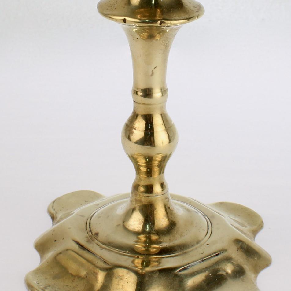 Antique 18th Century George II English Brass Petal Base Single Candlestick For Sale 7
