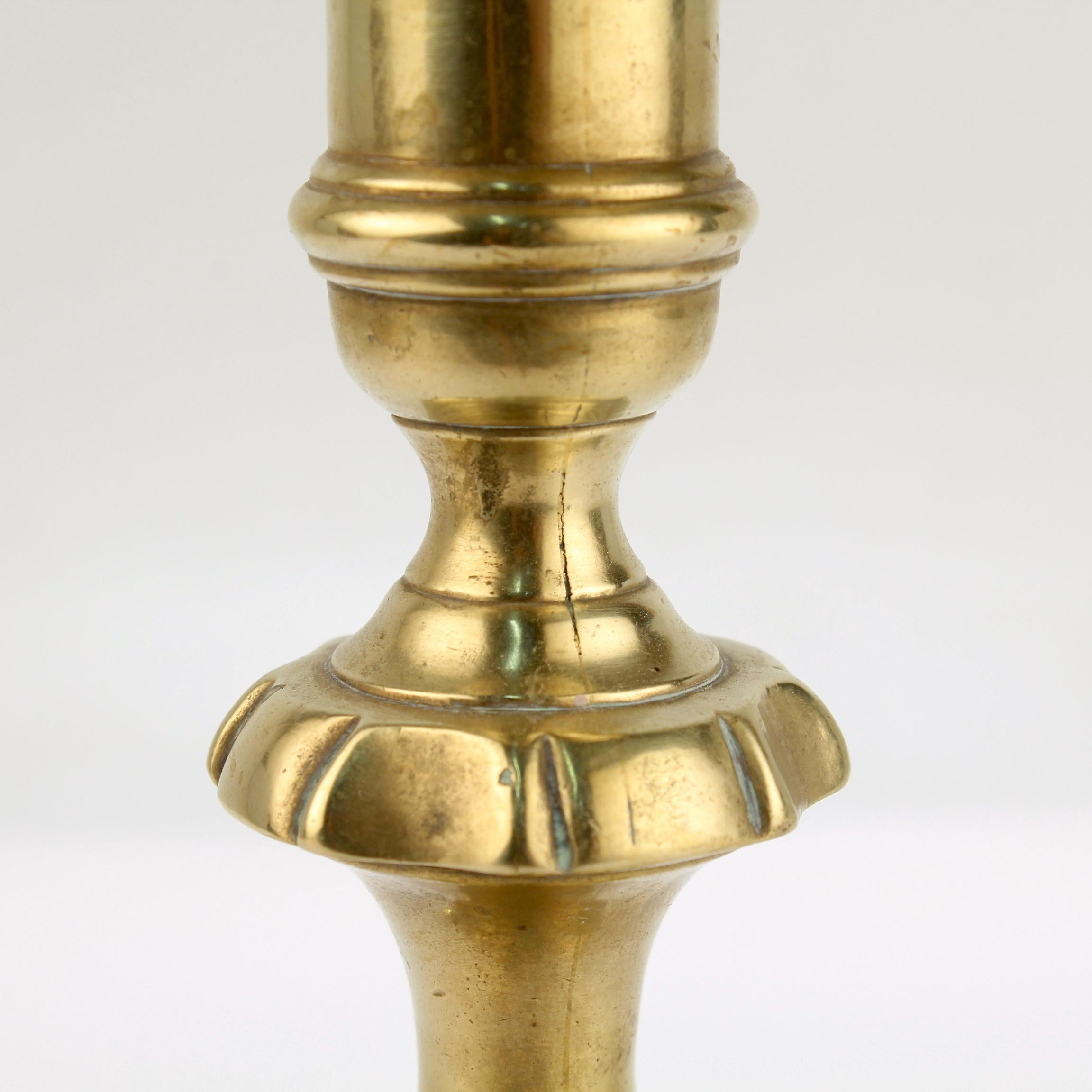 Antique 18th Century George II English Brass Petal Base Single Candlestick  For Sale 4