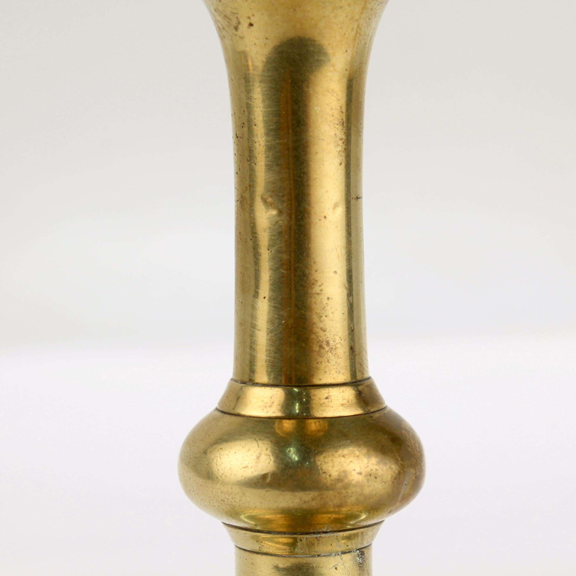 Antique 18th Century George II English Brass Petal Base Single Candlestick For Sale 5
