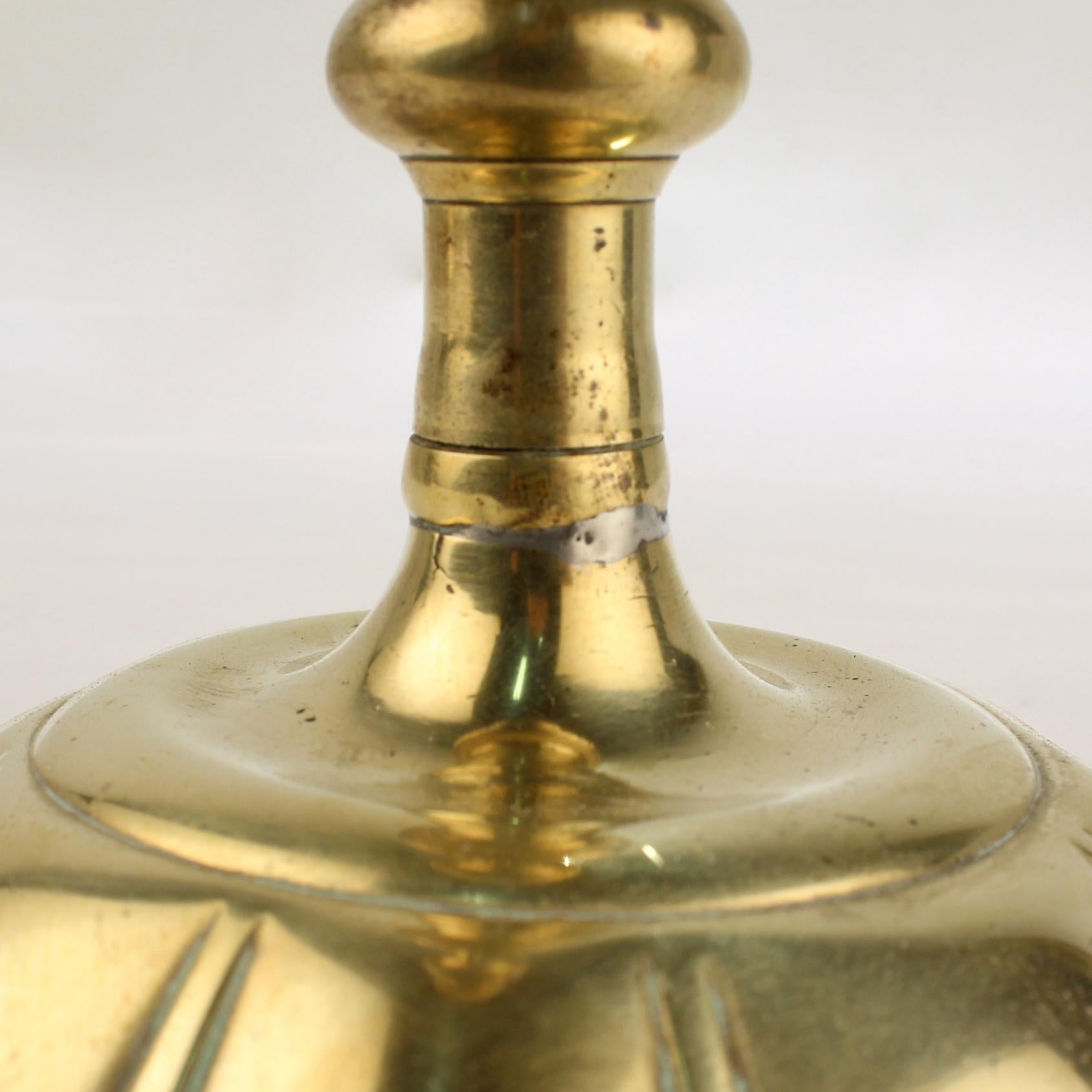 Antique 18th Century George II English Brass Petal Base Single Candlestick For Sale 6