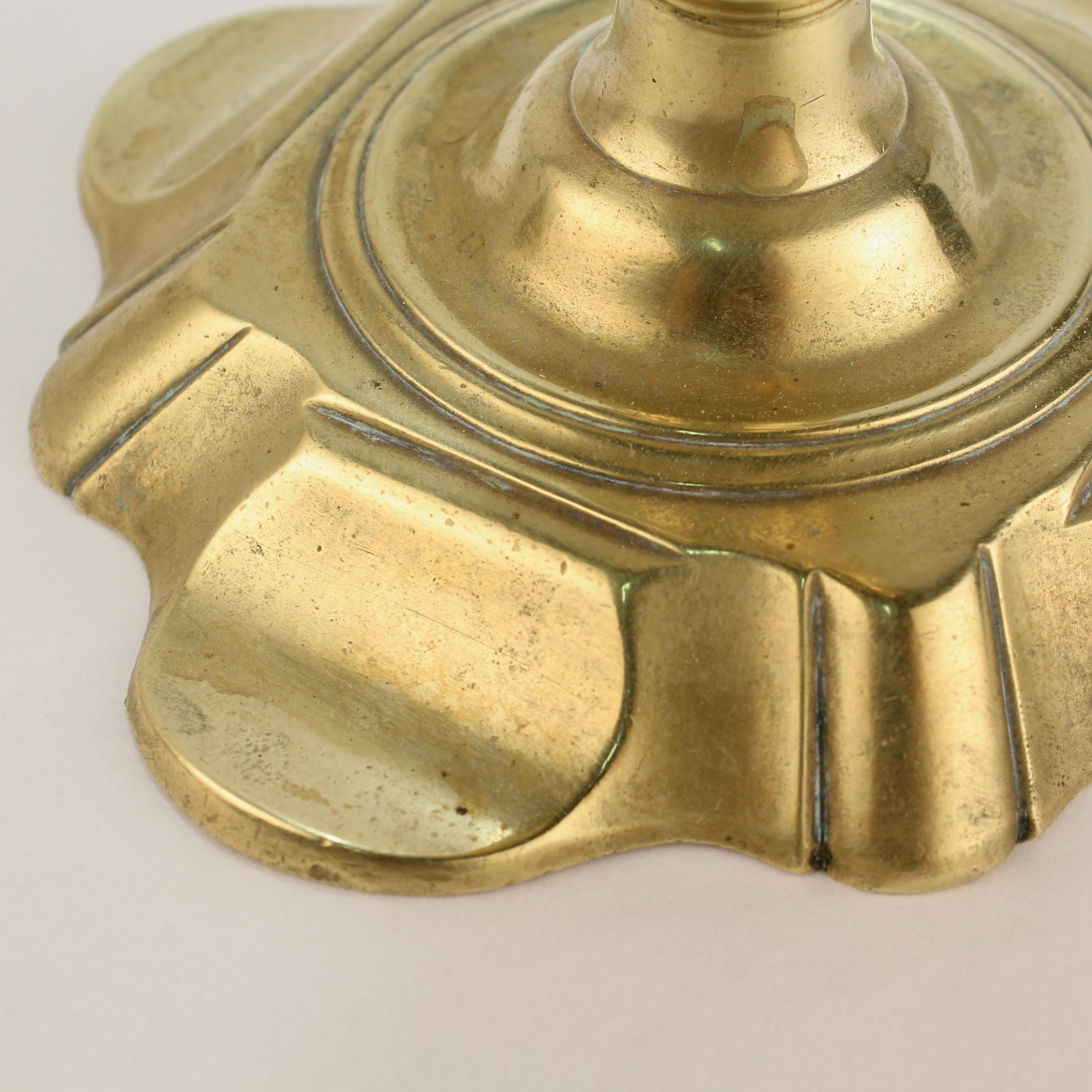 Antique 18th Century George II English Brass Petal Base Single Candlestick  For Sale 8