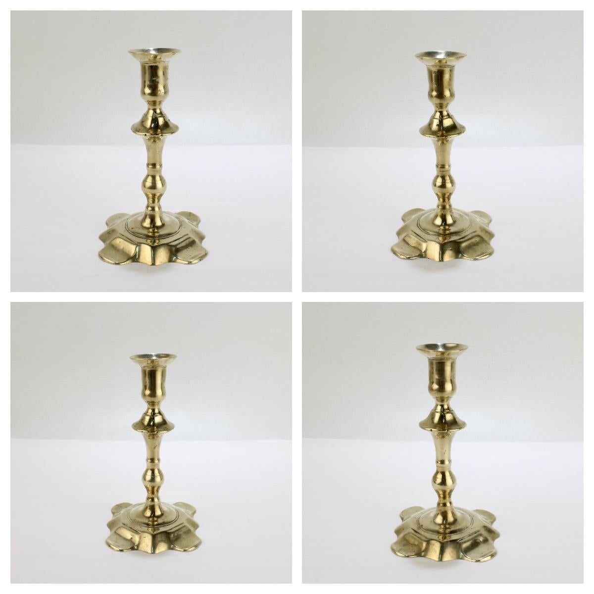 British Antique 18th Century George II English Brass Petal Base Single Candlestick For Sale