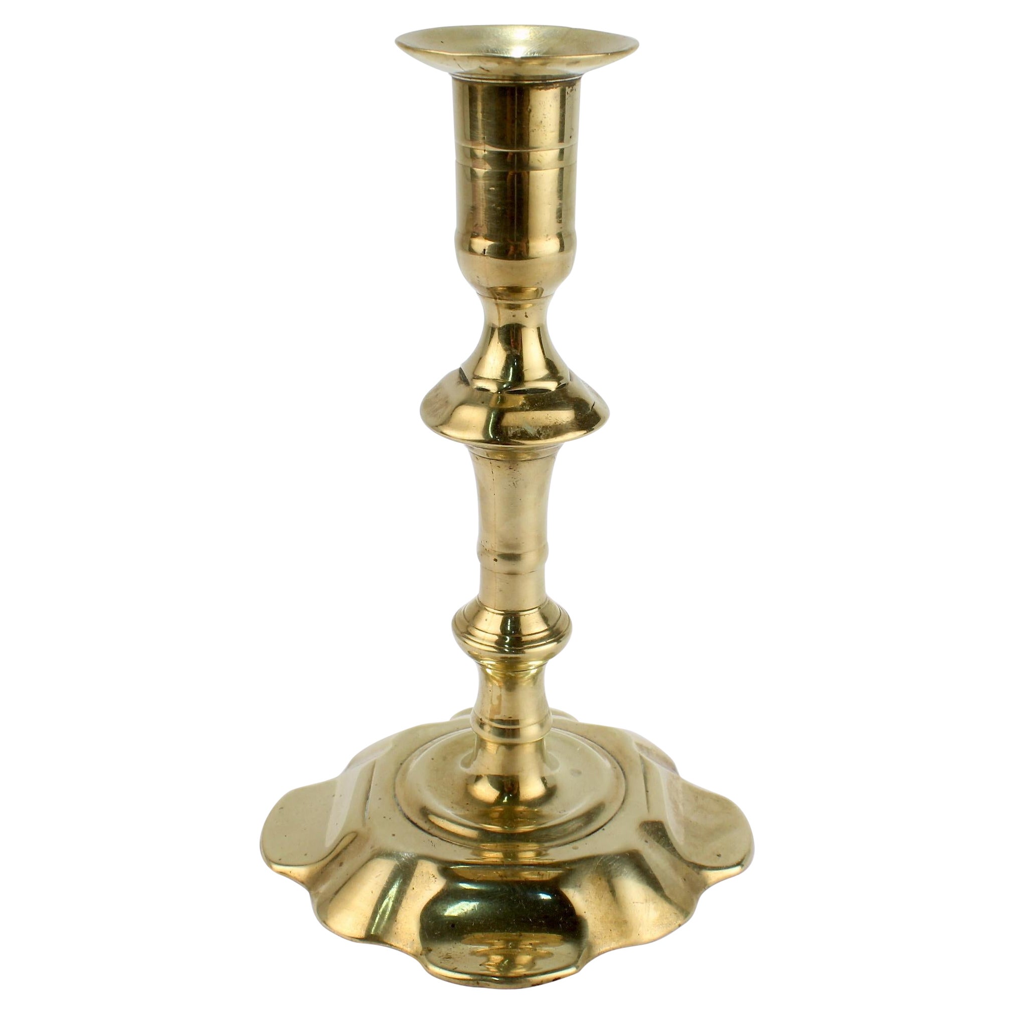 Antique 18th Century George II English Brass Petal Base Single Candlestick