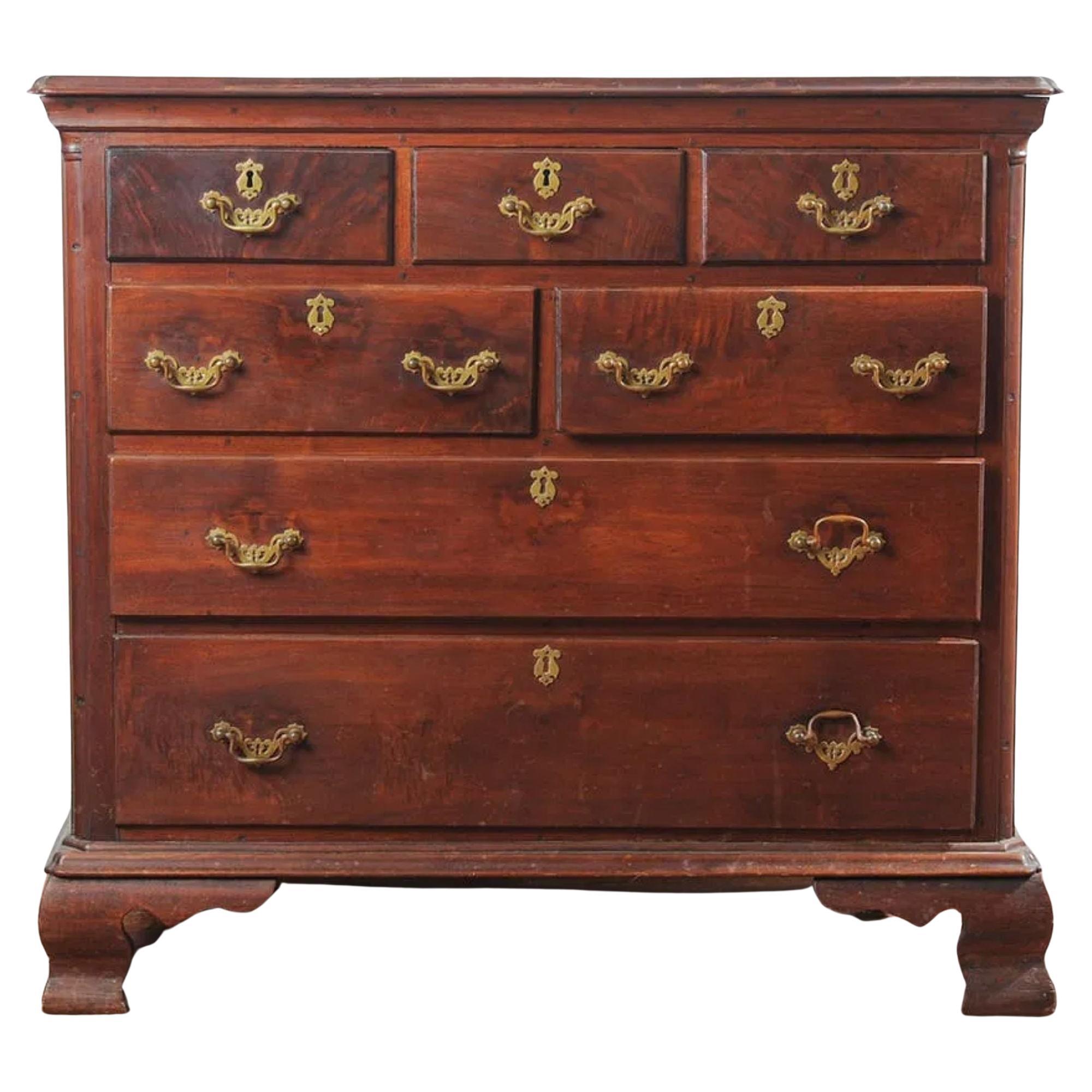 Antique 18th Century George II Flame Mahogany Chest of Drawers on Bracket Feet For Sale
