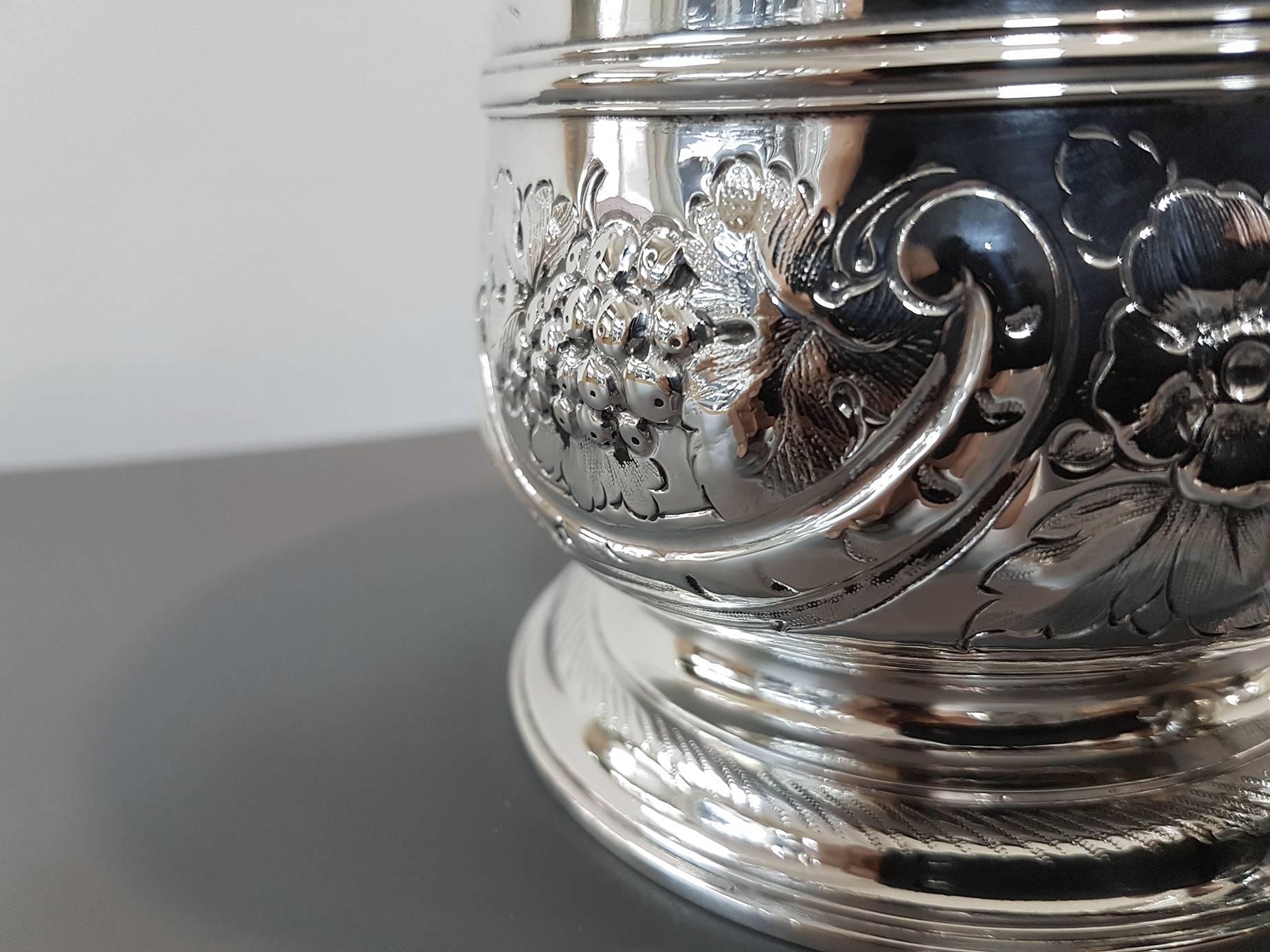 Embossed Antique 18th Century George III Sterling Silver Tankard London 1765, John Payne