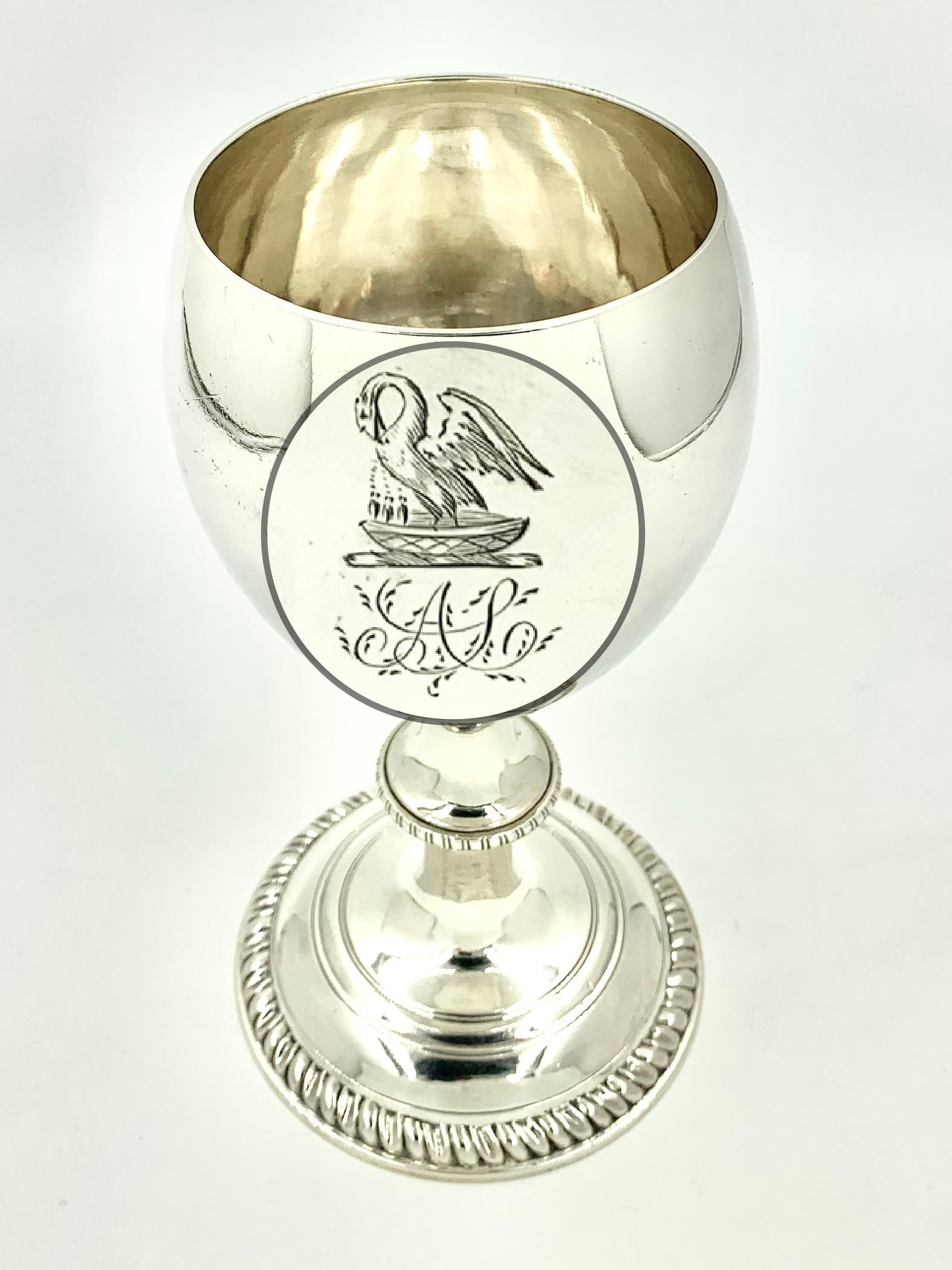 18th Century George III period sterling silver goblet by Charles Aldridge & Henry Green, 1769-1785, with a beautifully engraved swan armorial device and elaborate initials AL. The piece is fully hallmarked on the base. Due to the highly reflective