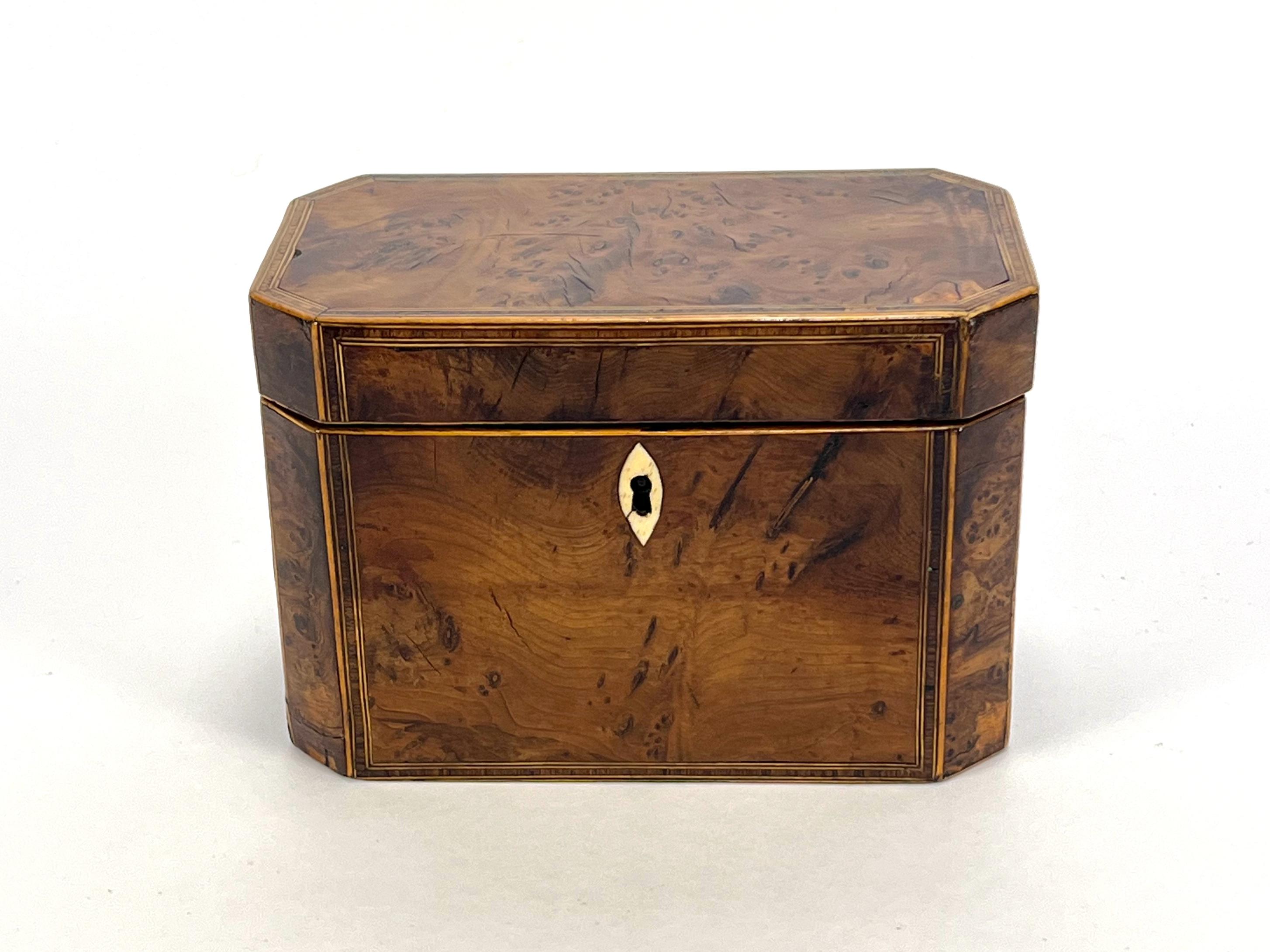 George III Ancienne boîte à thé en loupe d'if géorgienne du 18e siècle - Elegance, boîte en bois naturel en vente